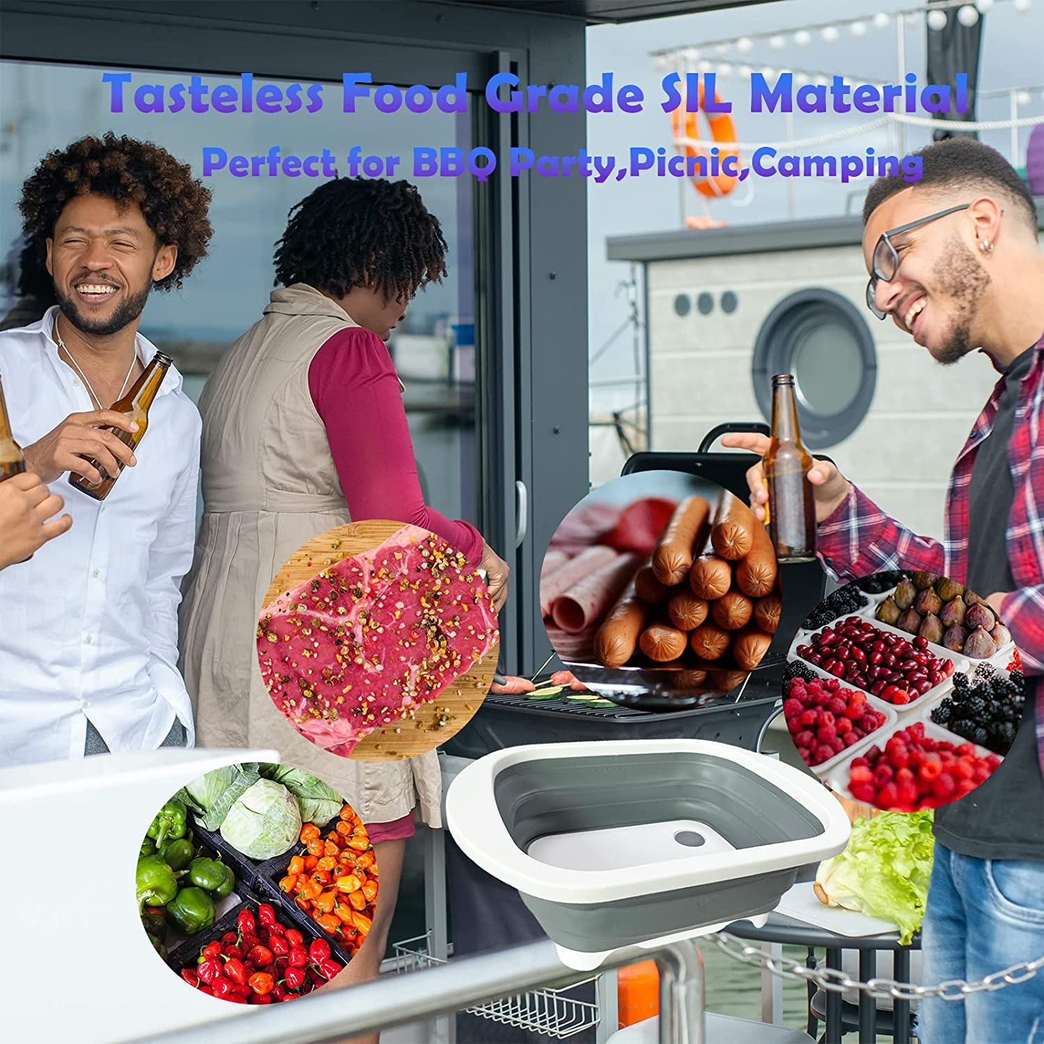 3-In-1 Multi-Function Collapsible Cutting Board with Colander -Foldable Washing Sink, Cutting Board and Camping Basket, Space-Saving Food Grade Sink Storage Basket with Suction Plug (Grey)