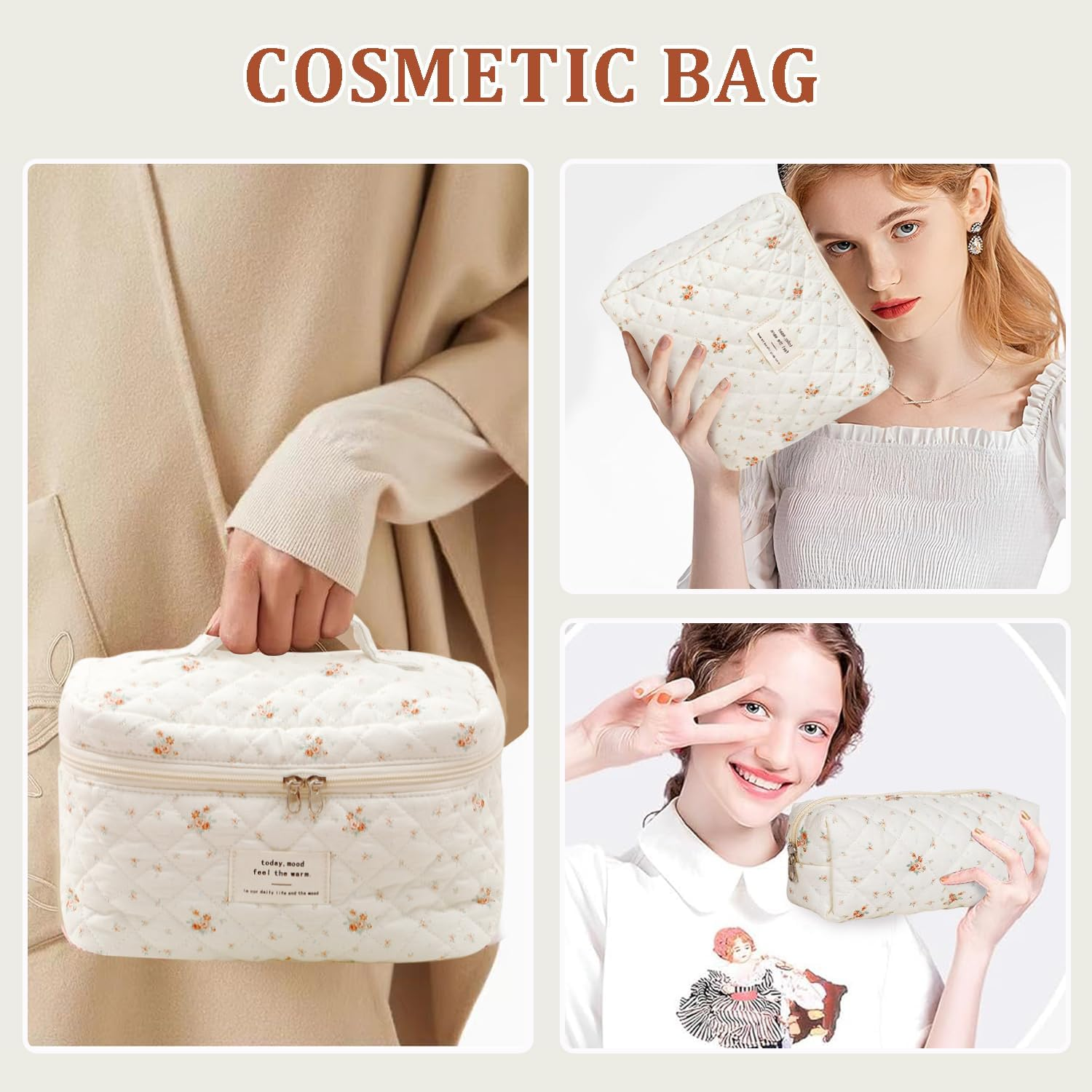 Everfunny 3 Pcs Cotton Quilted Makeup Bag Set, Floral Cotton Cosmetic Bag, Aesthetic Toiletry Travel Organizer Bag for Women, White Little Flower, Cosmetic Bag image number 6