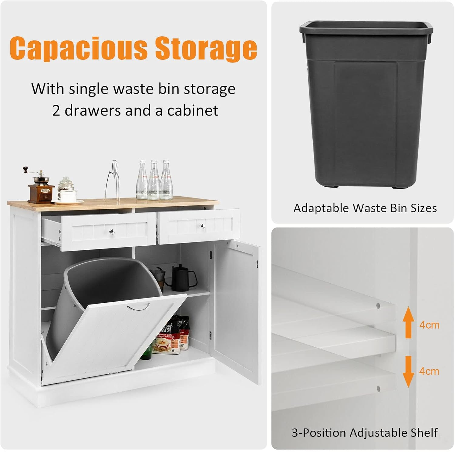 Giantex Kitchen Trash Cabinet, 40 L Tilt Out Trash Bin Cabinet with Single Trash Can Holder, Rubber Wood Countertop, Drawers, Adjustable Shelf, Freestanding Recycling Cabinet, Kitchen Island (White)