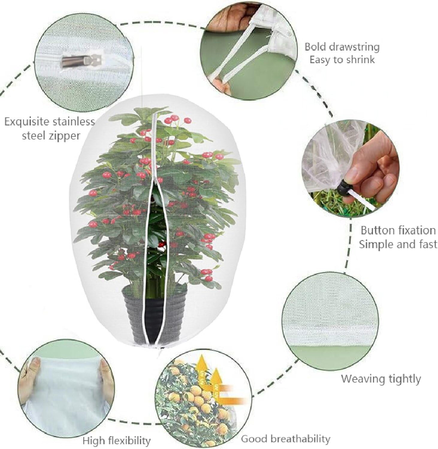 Hysgscwd 7.9 X 7.9 Ft Large Fruits Tree Netting Bags, Garden Plant Netting Cover with Zipper and Drawstring, Bird Plant Barrier, Flower Blueberry Bushes Mesh Screen for Preventing Deer Squirrel Cicada image number 3