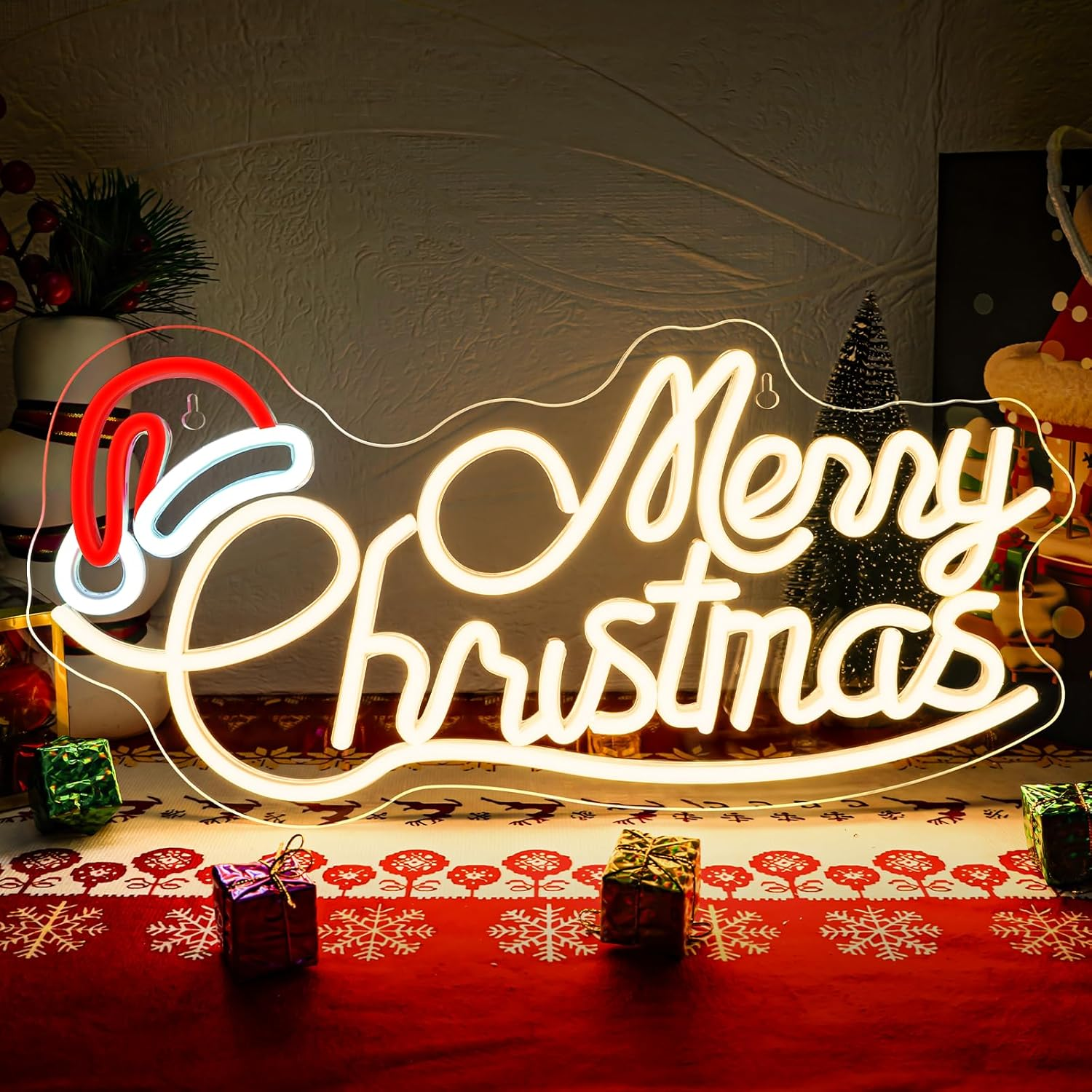 SIGNSHIP Merry Christmas Hat Neon Sign Letter Merry Christmas Hat LED Sign LED Lettering with Dimmable Switch Light Signs for Wall Decor Christmas Party Bedroom New Year Party Shop image number 1
