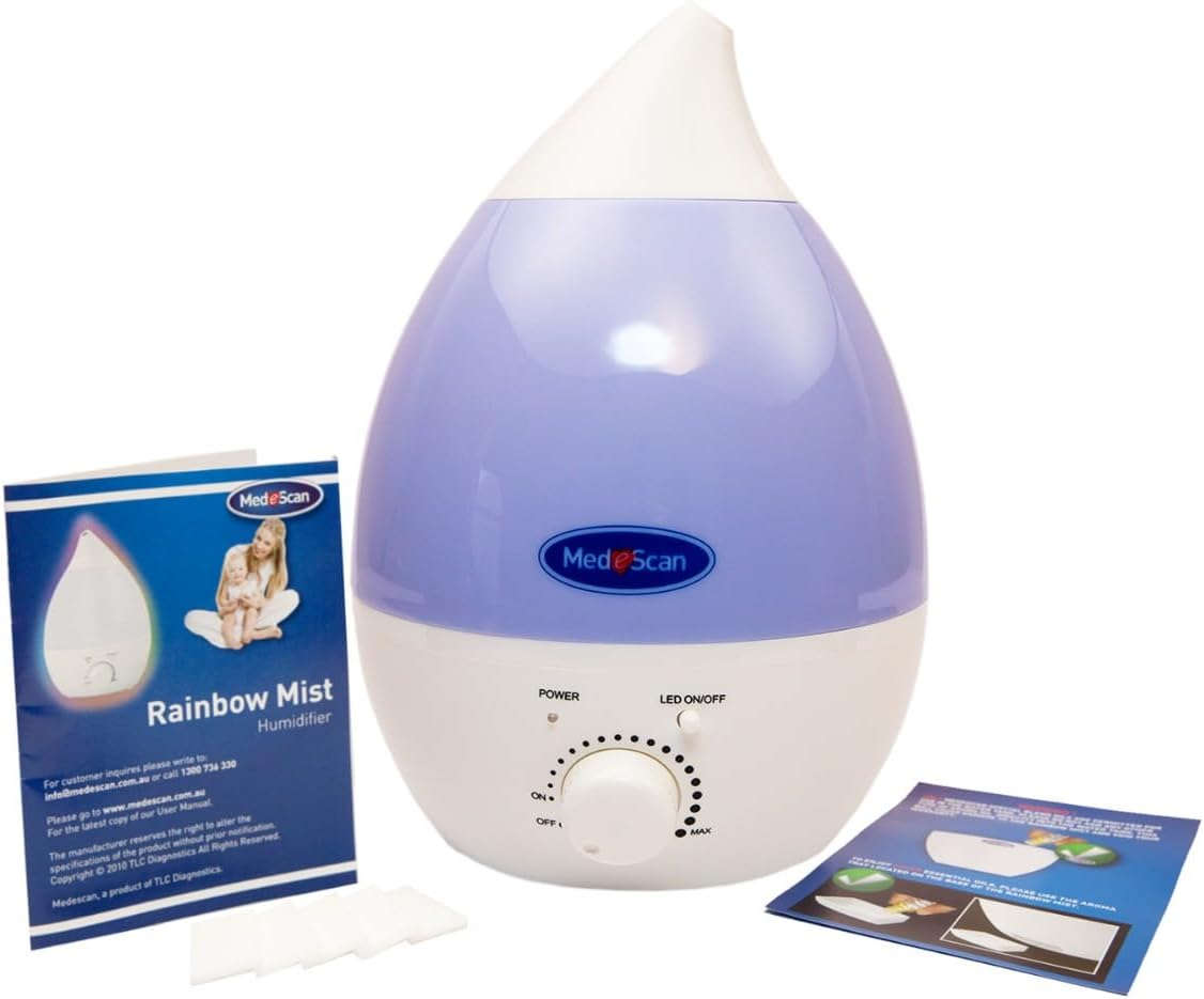Medescan Rainbow Mist Ultrasonic Cool Mist Humidifier &ndash; 2.8L Tank, 20H Runtime, Aromatherapy Tray, 7-Colour LED Night Light, Whisper-Quiet, Portable & Sleek Design for Home & Bedroom - Filter Required