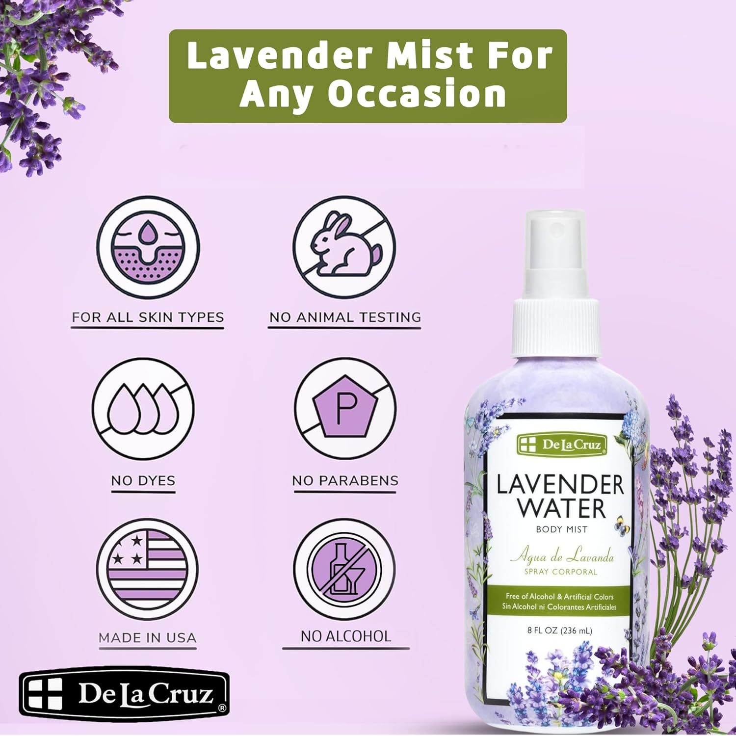 De La Cruz Lavender Water Body Mist - Lavender Spray Body Mist with Pure Lavender Essential Oil 8 Fl Oz (236 Ml) image number 1