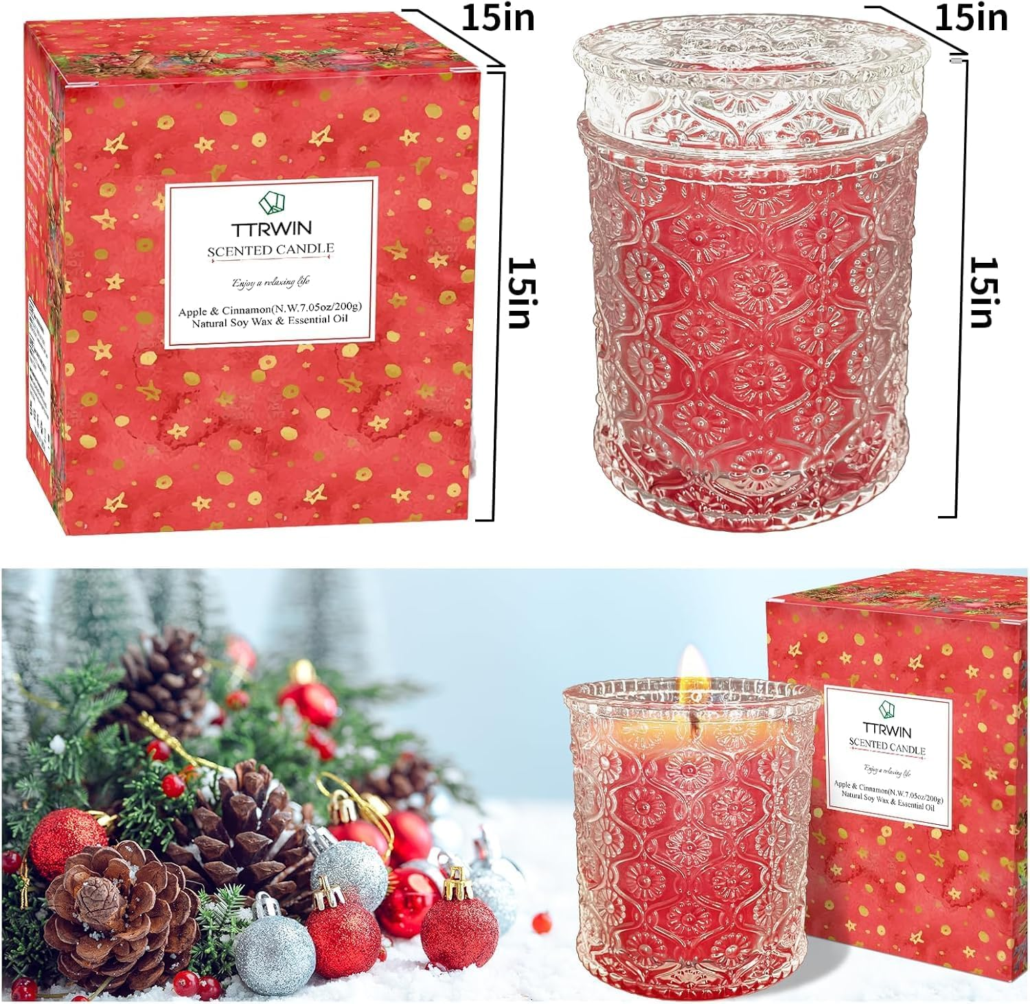 TTRWIN Apple Cinnamon Scented Candle, Natural Soy Wax and Plant Essential Oils, Red Candles, Long-Lasting Clean Burning, Aromatherapy Candles, Gift Surprise for Christmas, Birthday image number 1
