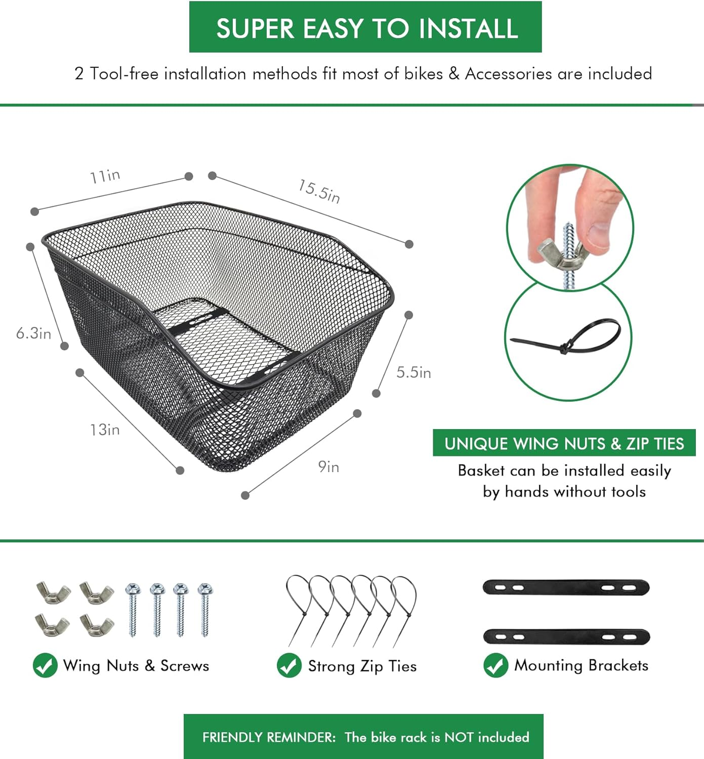 MATTISAM Bike Basket Rear, [Tool-Free Install], Bike Rack Basket for Pet, Metal Wire Bike Cargo Basket, Bicycle Basket for Back of Bike, with Waterproof Cover, Cargo Net image number 6