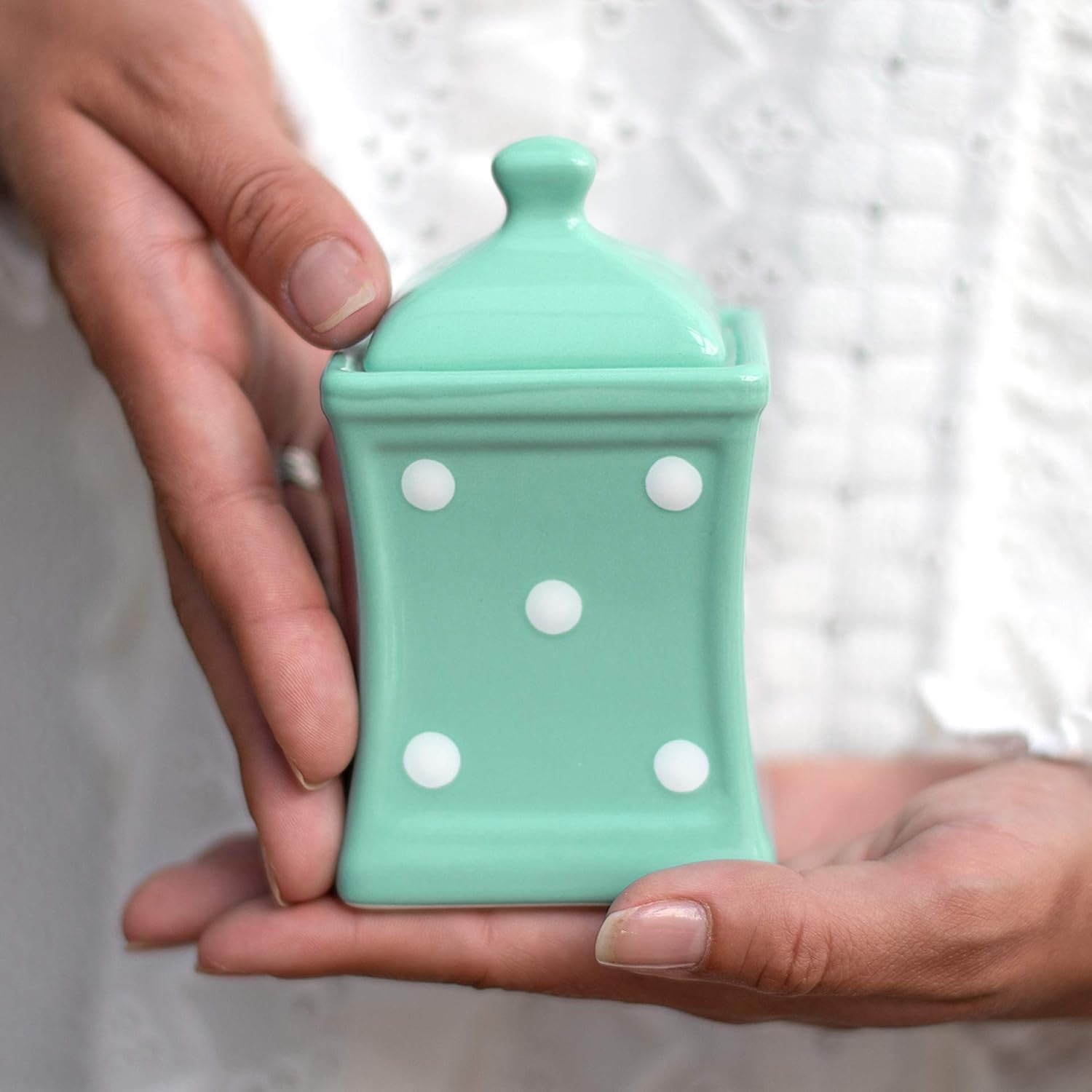 Handmade Small 5.3Oz/150Ml Ceramic Kitchen Herb, Spice, Storage Jar with Lid, Pottery Canister, Housewarming Gift by City to Cottage (Red Polka Dot)