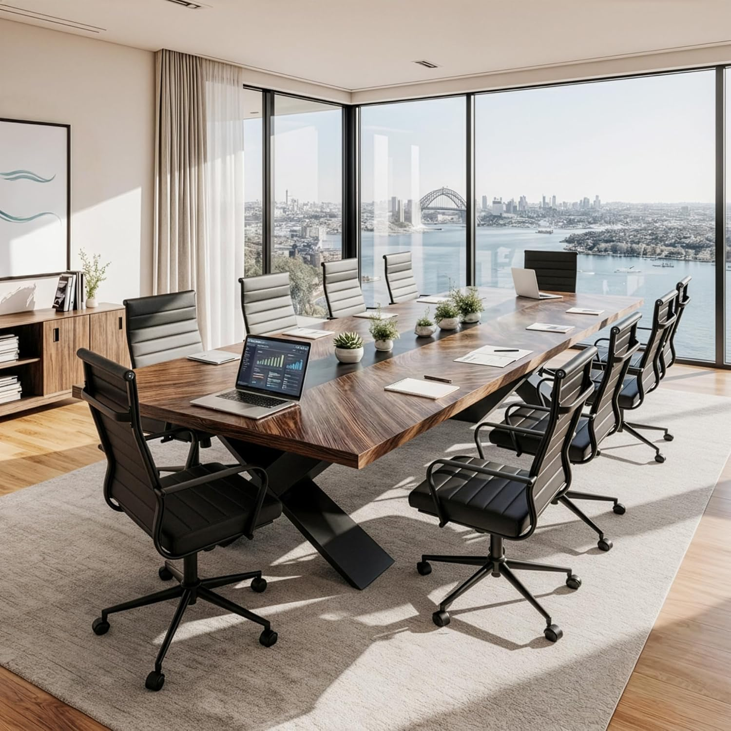 Okeysen Office Desk Chair, Ergonomic PU Leather Modern Conference Room Chairs, Executive Ribbed Height Adjustable Swivel Rolling Chair for Home Office (Black with Black Frame) image number 4