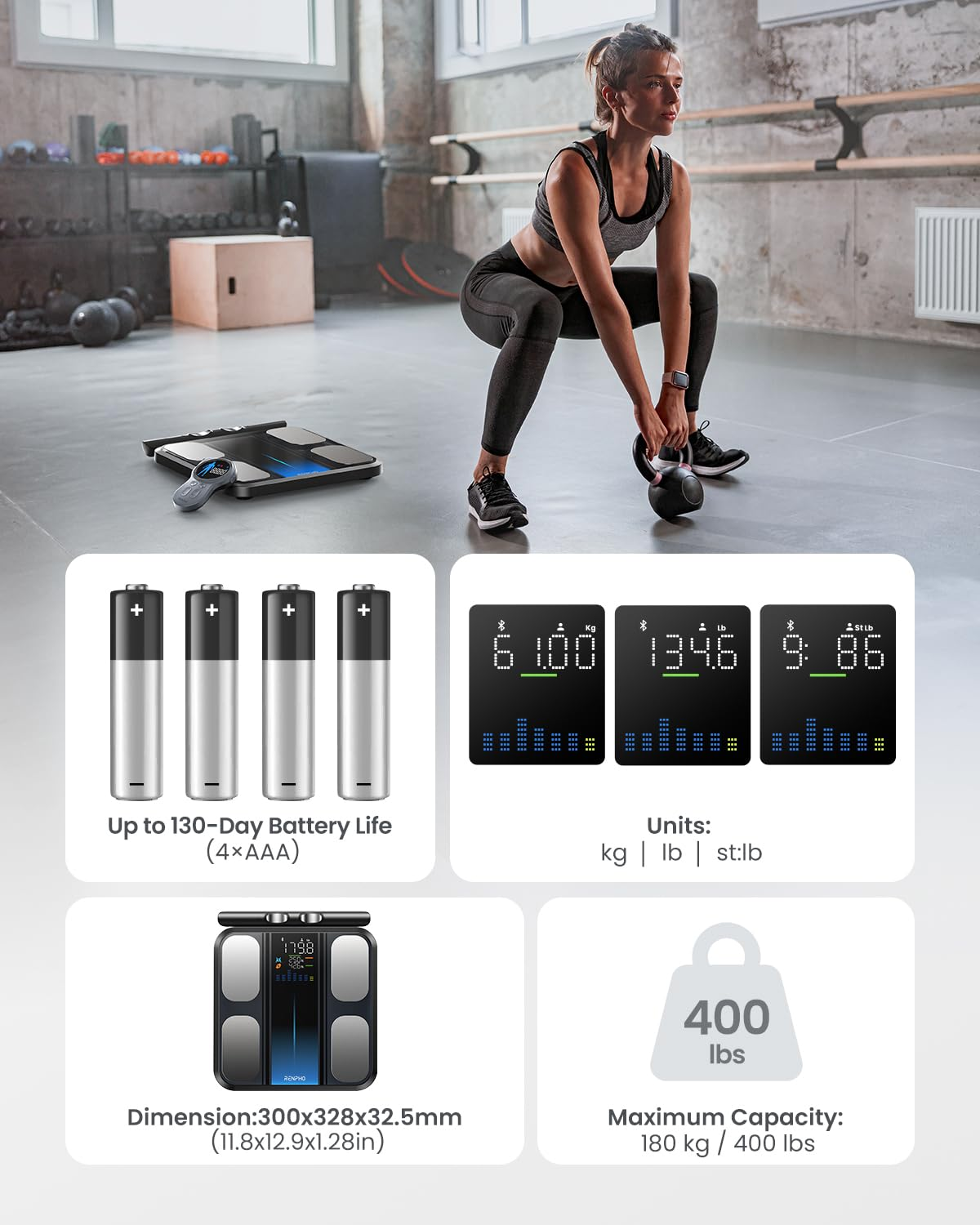 RENPHO Scale for Body Weight and Fat Percentage, Smart Scale with 8 Electrodes Larger Platform, Body Analyzer for BMI, Fat, Muscle Mass, High Precision, 400Lbs image number 2