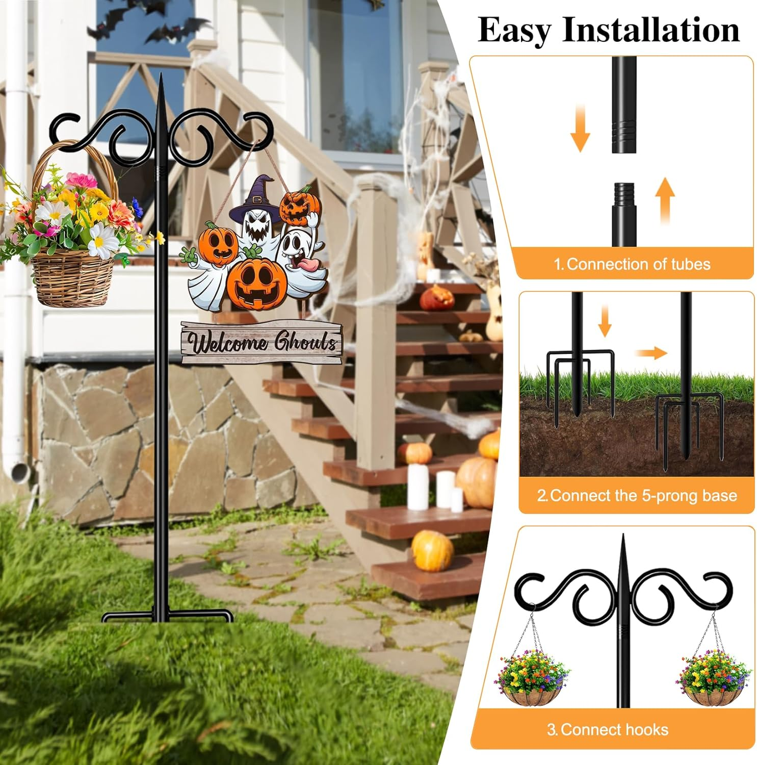Shepherd Hooks Outdoor, 76 Inch with 5 Prong Base, Heavy-Duty Metal Bird Feeder Pole Stand for Hanging Plant, Flower Pots, Lanterns, Wind Chime, Weddings Decor image number 1