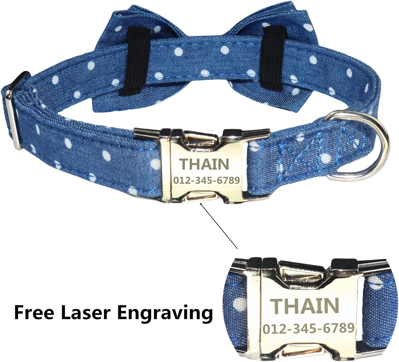 THAIN Custom Dog Collar Personalized for Male Female Dogs-Denis Dots,Plaid Pattern Engraved Pet Collars with Name Personalized Metal Buckle (S(Neck 9.8-13.8"), Denim Dots Blue)