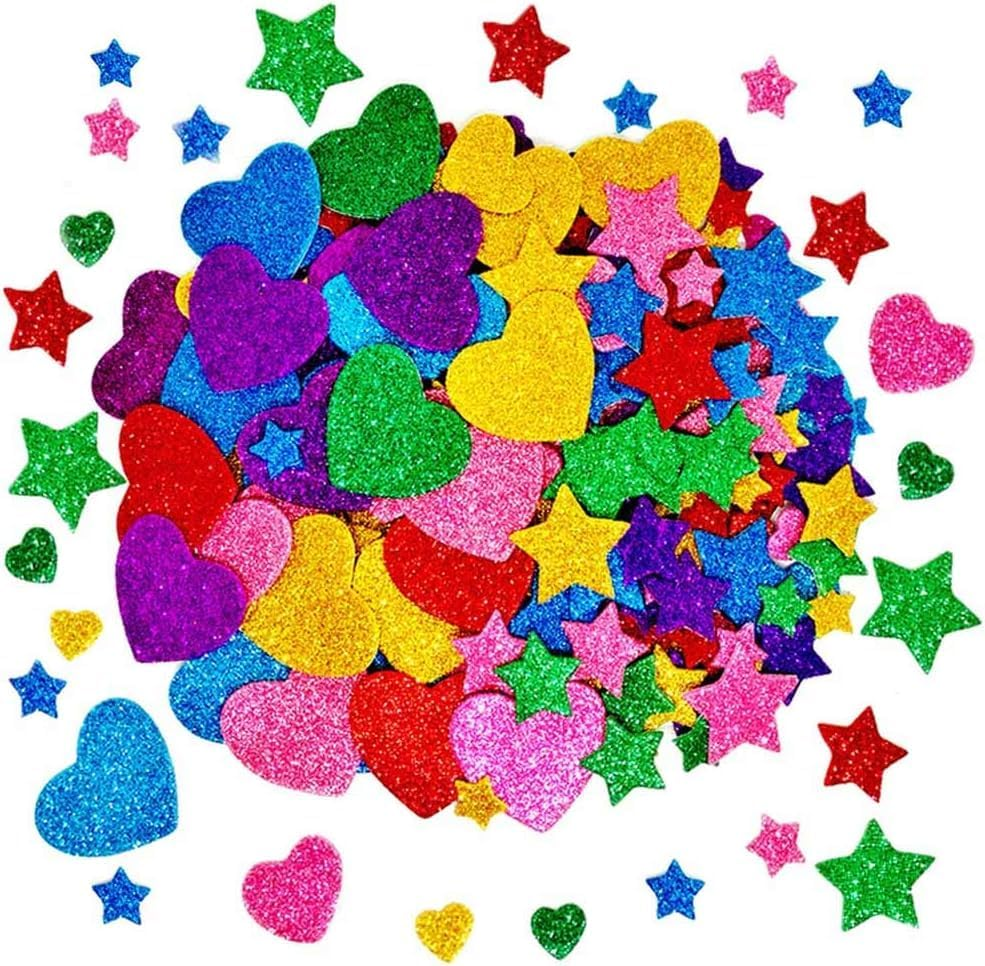 300 Pieces Colorful Glitter Foam Stickers Self Adhesive Stars Mini Heart Shapes Glitter Stickers, Kids Arts Craft Supplies Greeting Cards Home Decoration Stars&Heart Shapes,Valentines Stickers