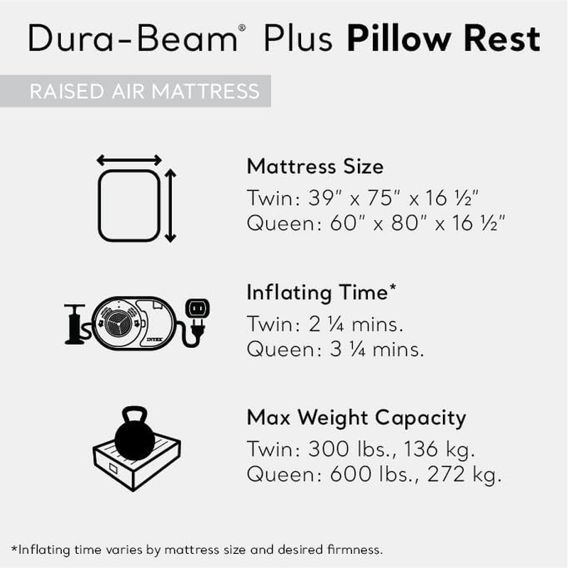 Intex 64124NZ Dura-Beam plus Pillow Rest Air Mattress: Fiber-Tech &ndash; Queen Size &ndash; Built-In Electric Pump &ndash; 16.5In Bed Height &ndash; 270Kg Weight Capacity image number 5
