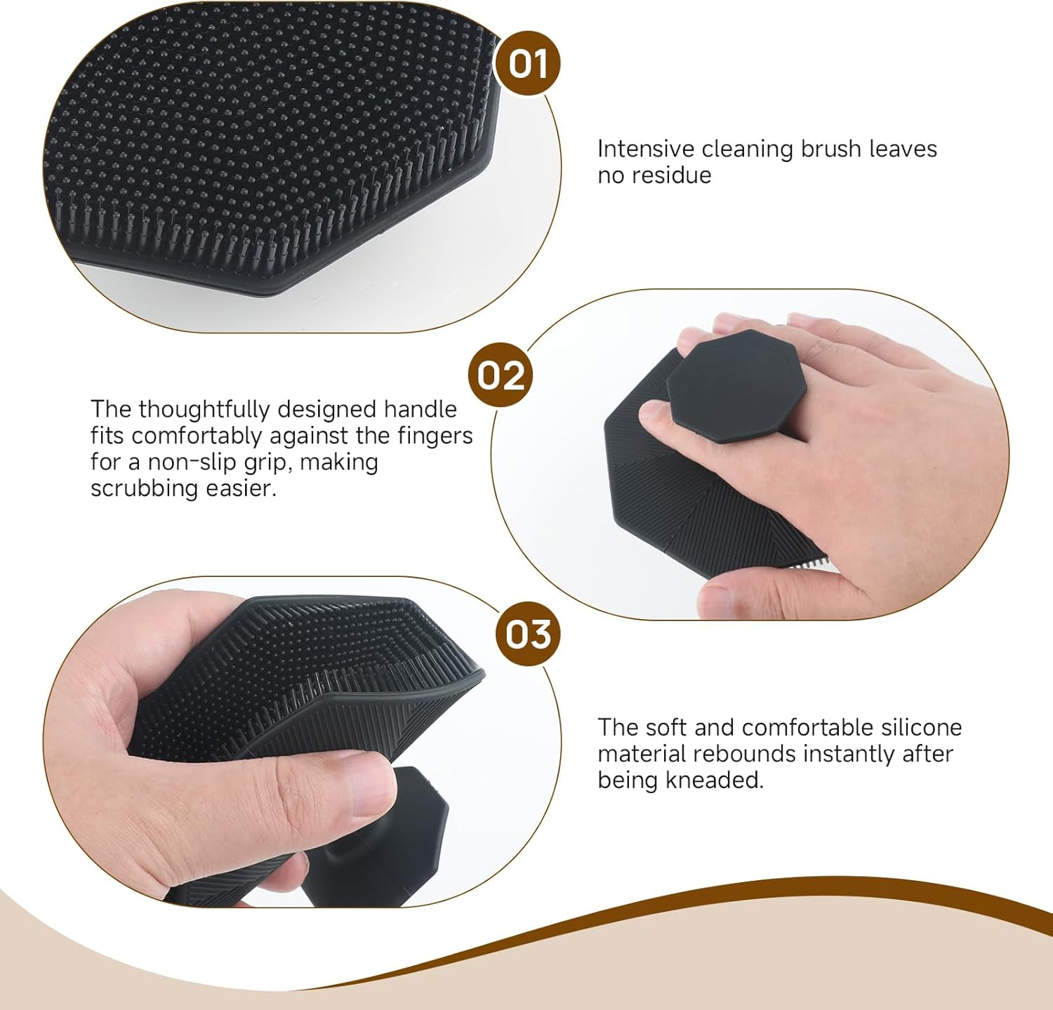 Ergonomic Handle Silicone Scrubber - Facial & Back Exfoliator, Long-Lasting Easy-Clean Design with Lather Boosting Bristles, Compact 22X15X4Cm Body Scrubber for Shower & Spa (Black)