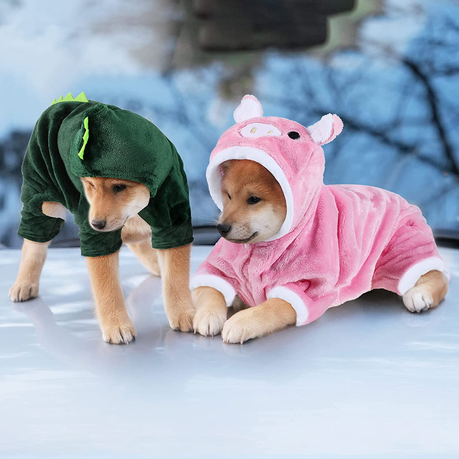 Queekay 2 Pieces Cute Dog Costume Halloween Costume Cat Clothes Pink Pig PET Costume Design Dinosaur Clothing Costume Puppy Outfits PET Hoodie Warm Dress up Clothes for Puppies and Kitten(Medium) image number 1