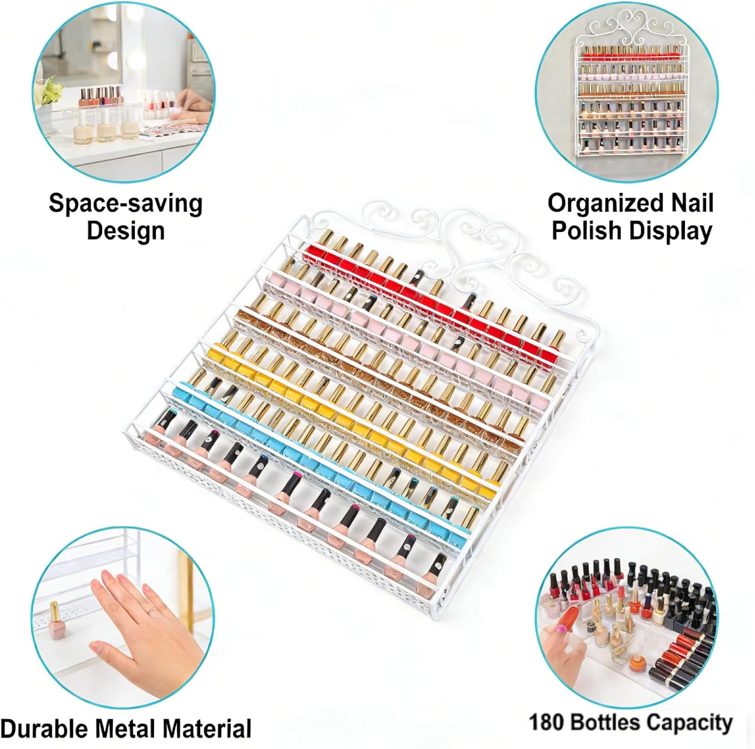 NUMNBE 6-Tier Metal Nail Polish Storage Elegant &ndash; Large 180-Bottle Nail Polish Holder, Space-Saving Display Shelf for Salon & Home, Durable Wall-Mounted Nail Polish Organiser in White image number 5