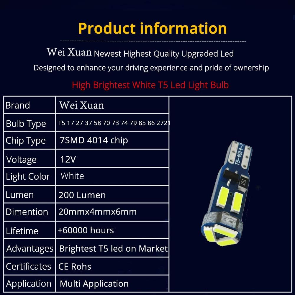 10X T5 LED Bulbs Wedge 74 70 37 17 2721 PC74 PC37 LED Lamps for Car Interior Gauge Cluster Dashboard Instrument Panel Indicators (Ice Blue) image number 2