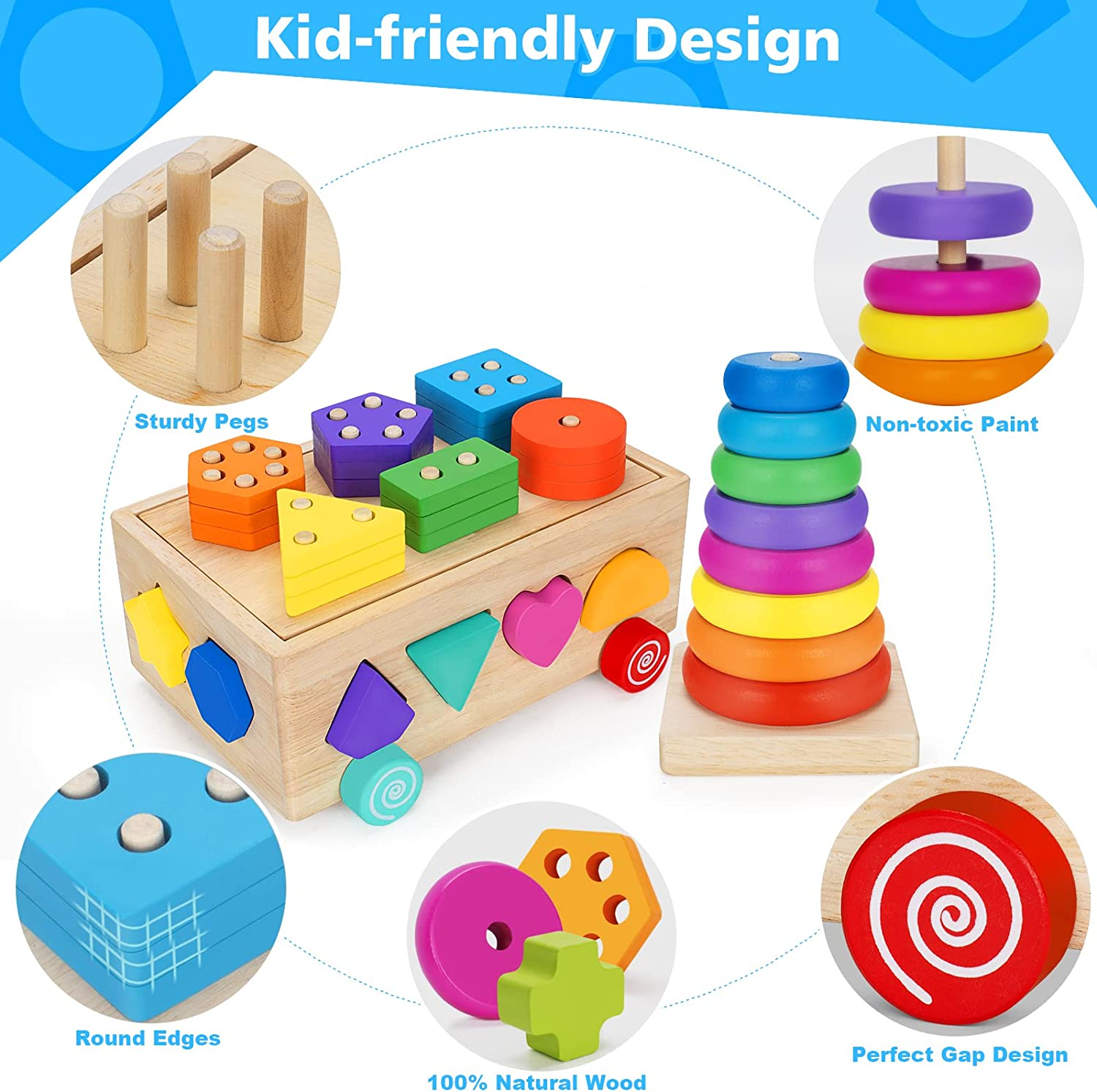 Aigybobo Montessori Toys for 1 Year Old, Baby Toy 12-18 Months, Wooden Shape Sorting & Ring Stacking Toys for Toddlers and Kids Preschool, Ideal for Boys Girls Age 1 2 3 Years Old image number 1