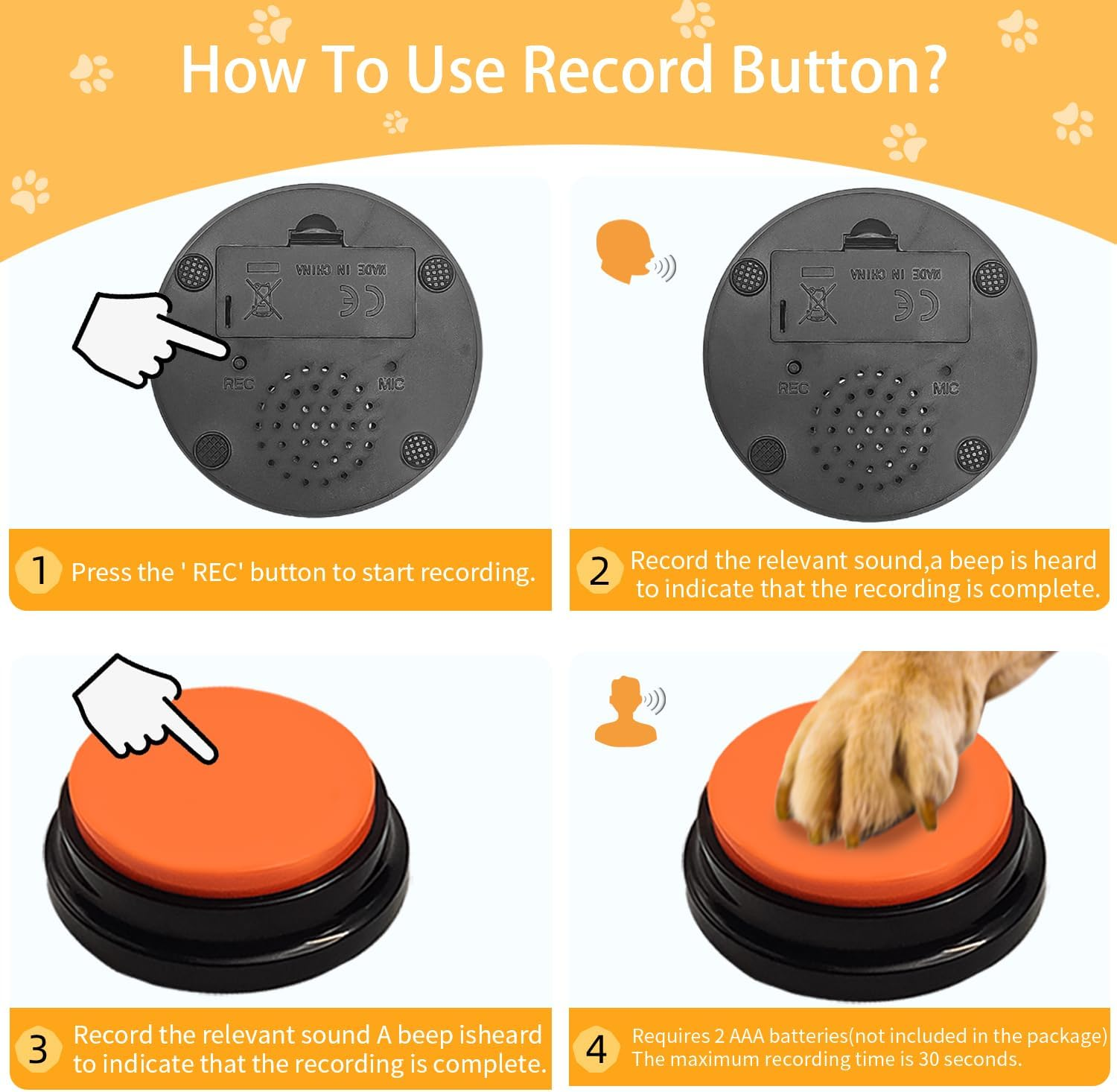 MMGGAISH 6 Piece Dog Talk Button Set, Dog Button for Communication, 30 Seconds Recordable Voice Pet Buzzer Training Button, Dog Button with Waterproof Non-Slip Pad and 50 image number 2