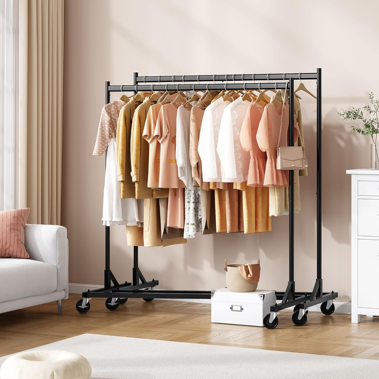 Hoctieon Z Rack Set of 2, Rolling Clothing Racks with Z-Base, Heavy Duty Garment Racks Set of 2, Clothes Rack on Wheels with Brakes, Clothes Organizer Rack, Black image number 2