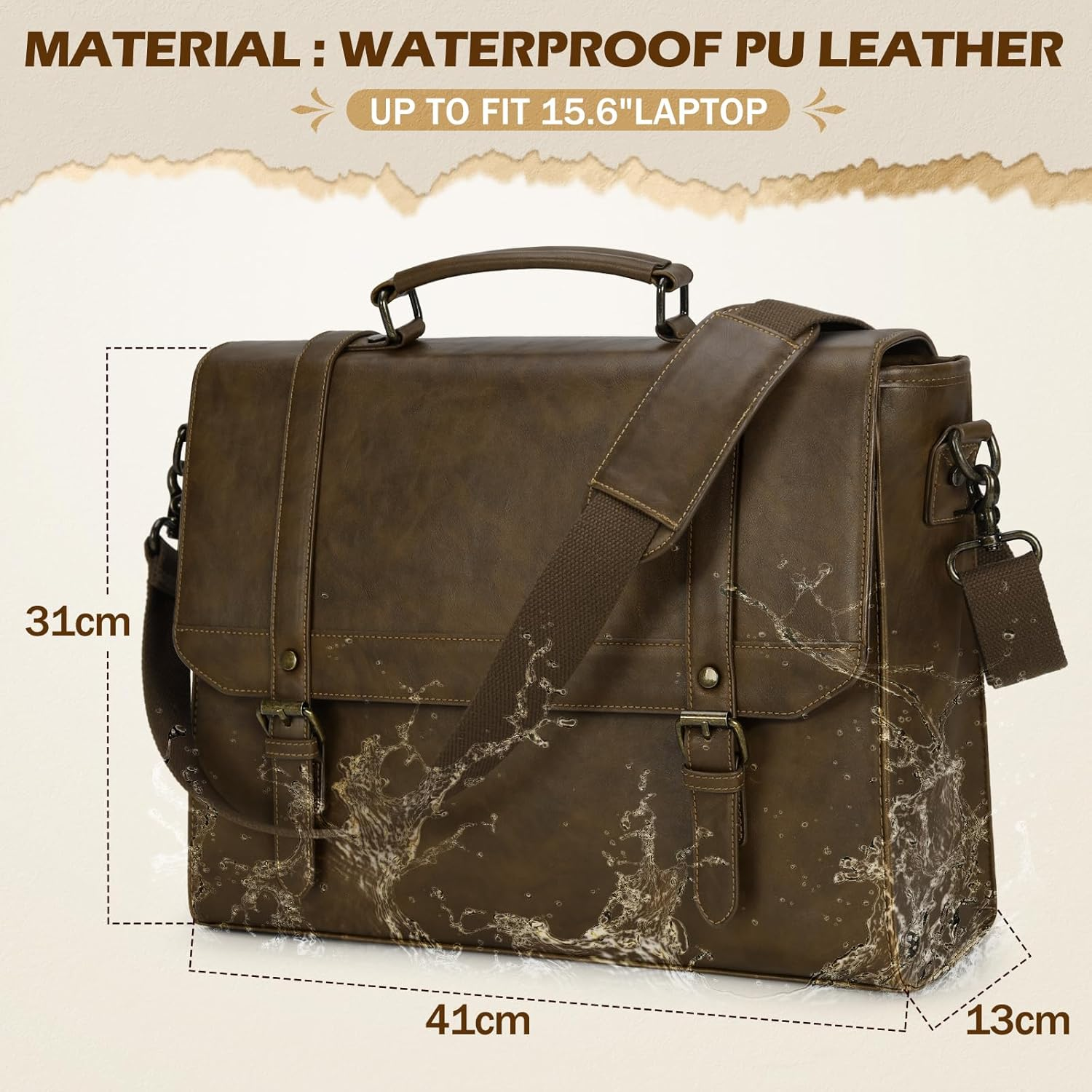 IGOLUMON Messenger Bag for Men 15.6 Inch Vintage Leather Waterproof Laptop Briefcase for Men Large Computer Laptop Bag Leather Satchel Bag Retro Shoulder Bag for Office Business Travel College, Khaki - Grey image number 5