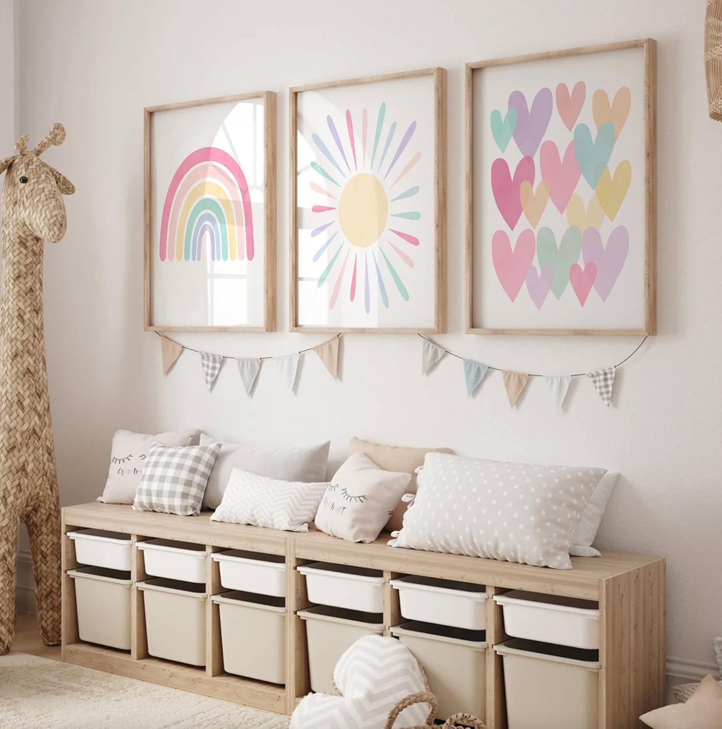 3Pcs Pink Nursery Canvas Wall Art Pastel Rainbow Sun Hearts Posters Prints Boho Pink Sunshine Painting Wall Decor Pictures for Toddler Girls Baby Kids Room Decoration, Unframed 12X16In image number 4