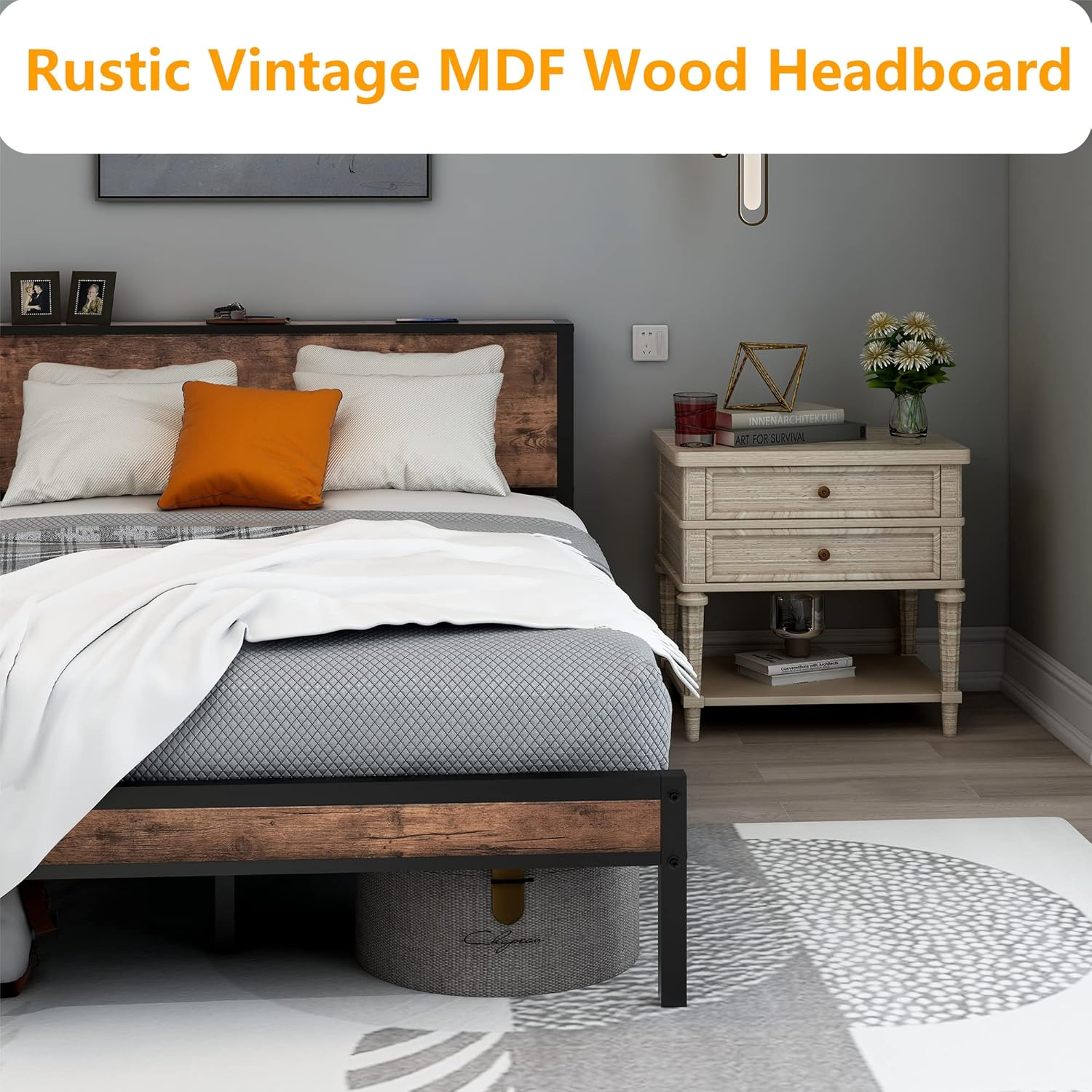 Diolong Double Bed Frame with Storage Headboard Platform Bed Frame Double Size, Metal Bed Base, Brown image number 2