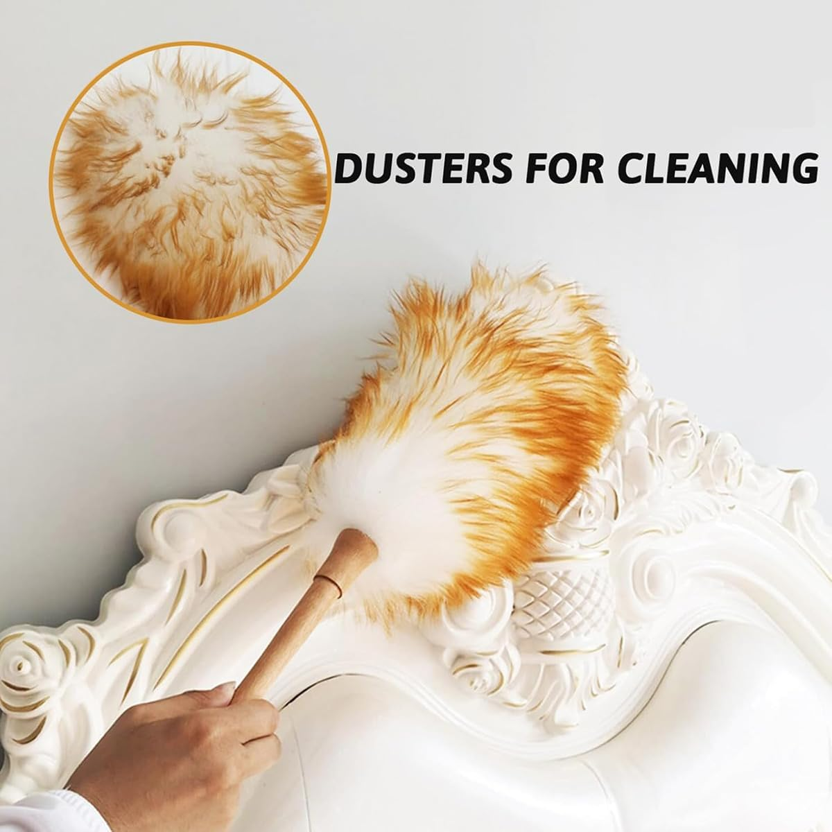 AIMALL 2PCS Natural Lambswool Duster for Cleaning, 15In/18.9In Fluffy Wool Duster with Bamboo Handle, Soft Non-Scratch Surface, Flexible Head for Home Car Dusting image number 4