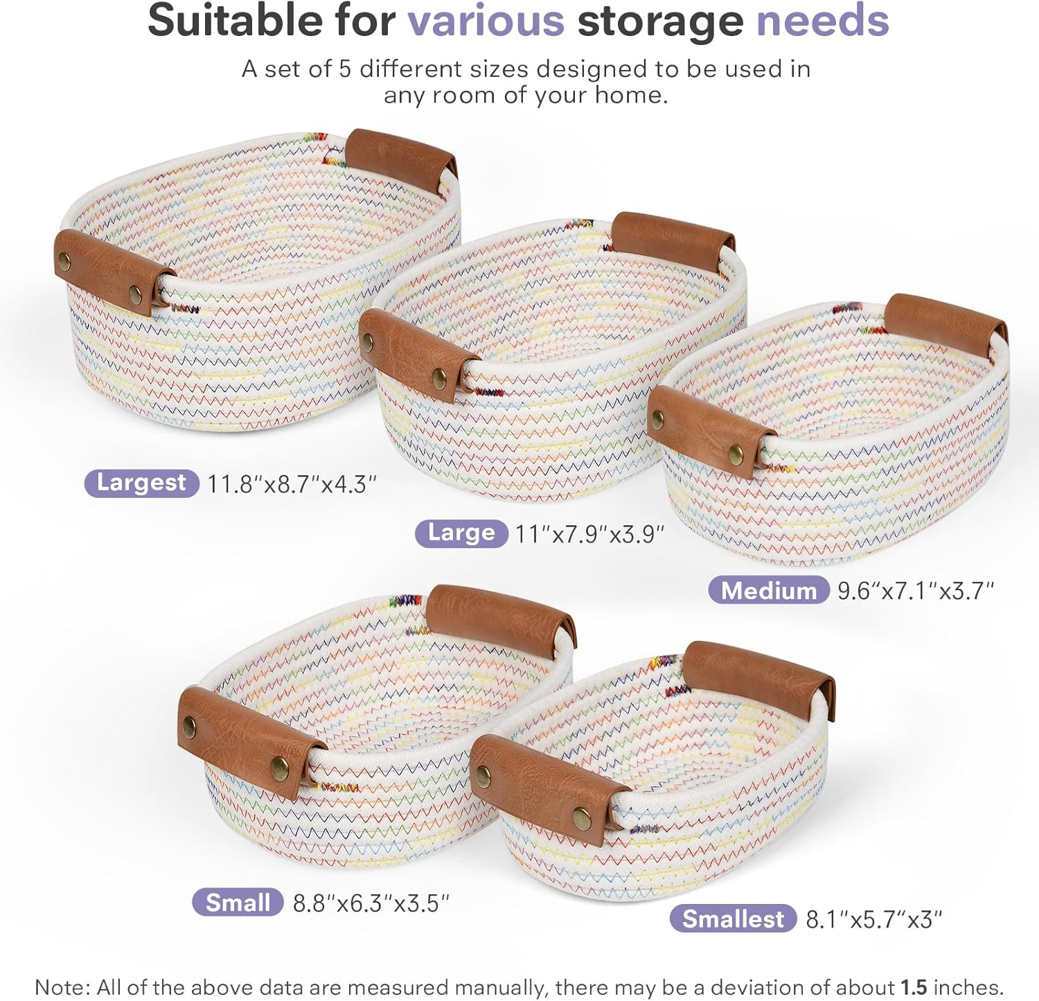 Storage Basket Set of 5 - Cotton Rope Baskets with Leather Handles - Small Woven Basket for Organizing, Nursery, Bathroom Shelves or Bedroom Decor (Rainbow) - Black image number 4