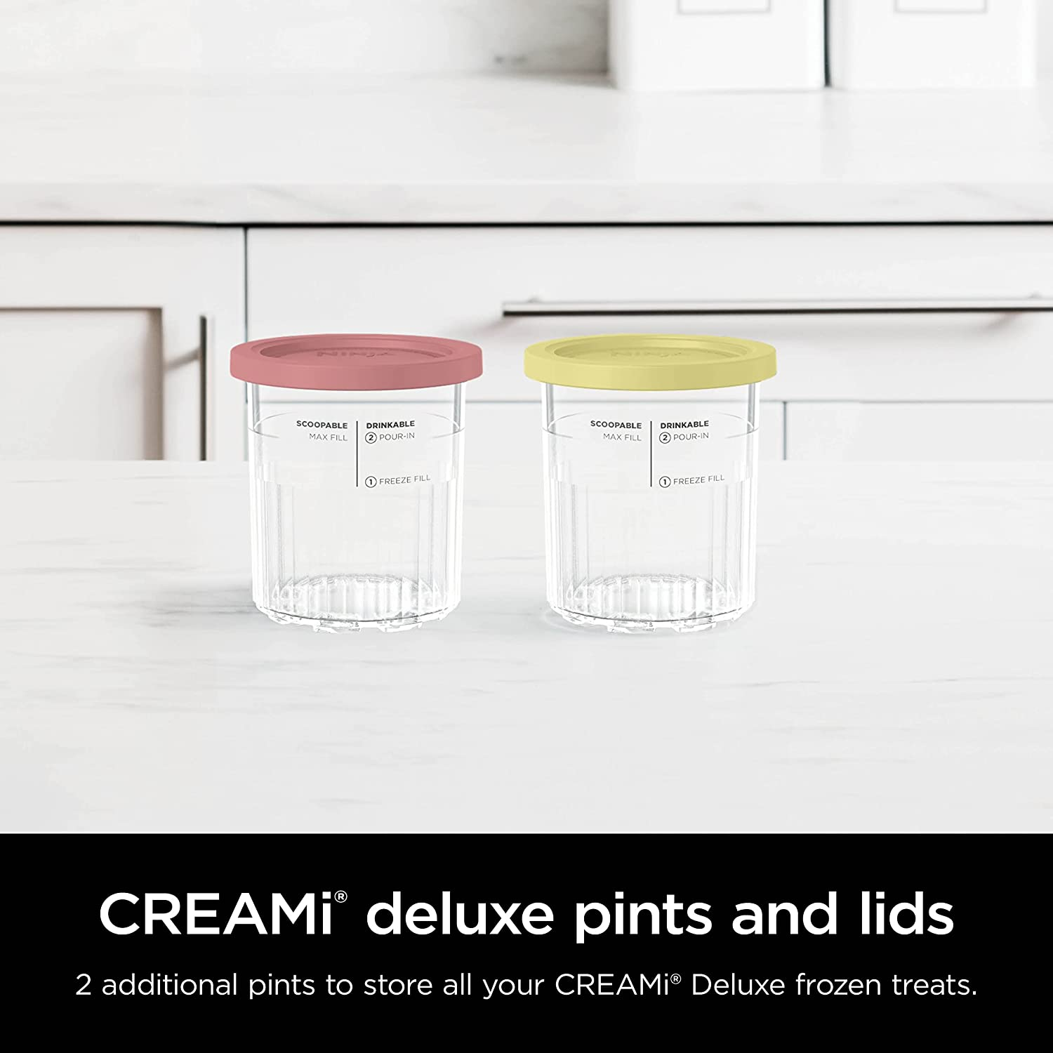 Ninja Creami Deluxe Pints 2 Pack, Compatible with NC500 Series Creami Deluxe Ice Cream Makers, Genuine Ninja Pint, Bpa-Free & Dishwasher Safe, Color Lids, 1 Pint Each, Clear/Coral/Yellow, XSKPNTLD2​ image number 4