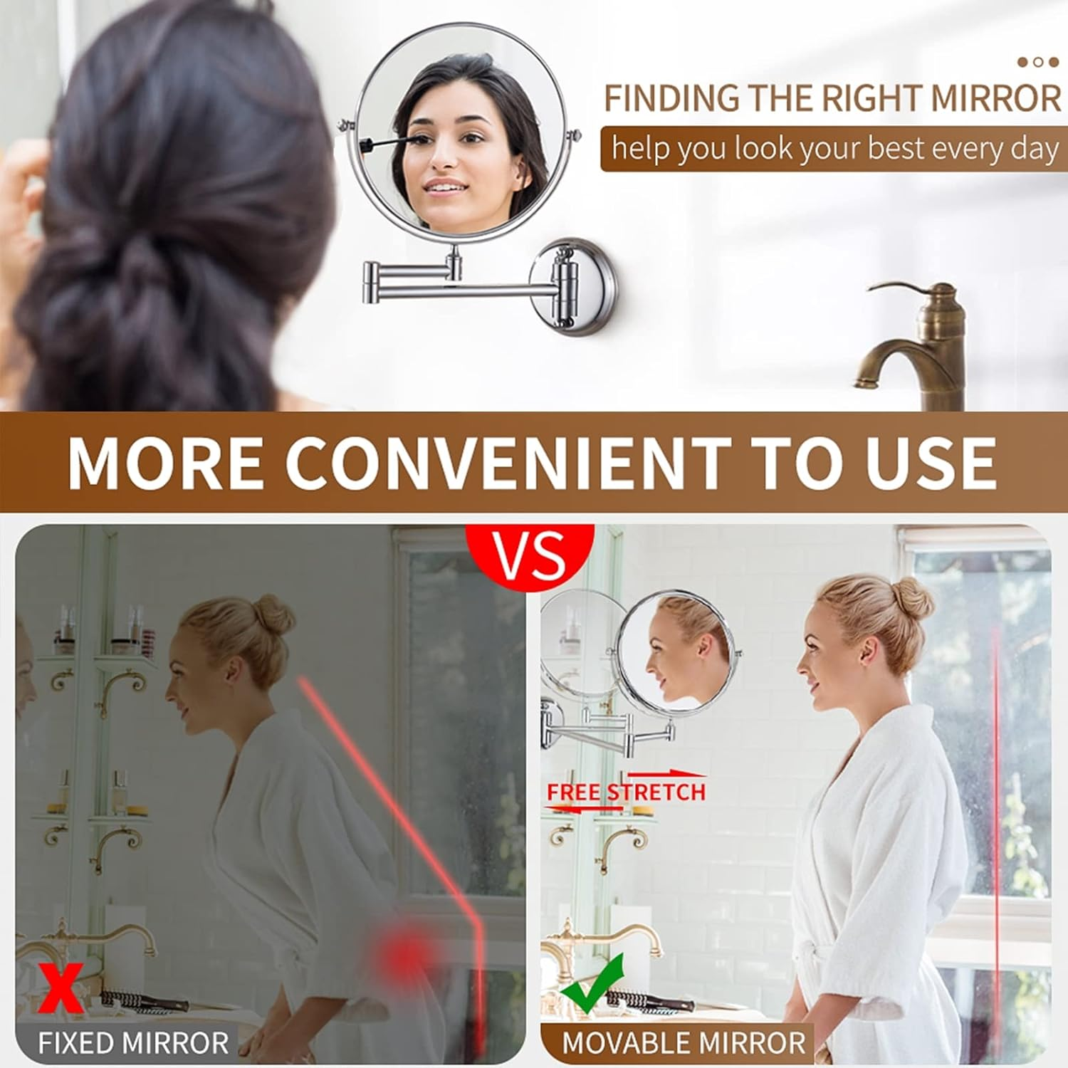 8" Wall Mounted Makeup Mirror, Double Sided Magnifying Mirror, 360&deg; Swivel Extendable Shaving Vanity Mirror for Bathroom,Brushed Gold,10X