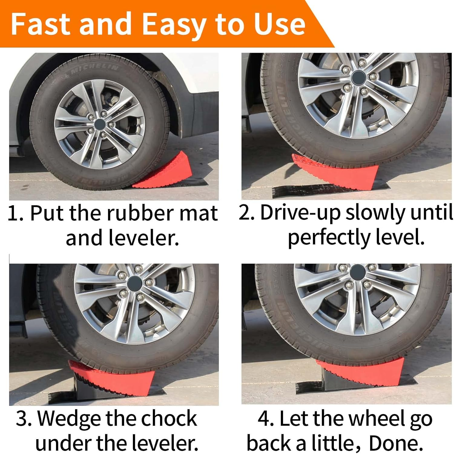 OULEME RV Leveler, Camper Leveling Blocks 2 Packs for Dual Axle Tandem Wheel Travel Trailer Motorhome, Include 2 Curved Leveler Ramp, 2 Chock, 2 Rubber Mat, 1 T Bubble Level, 1 Carry Bag