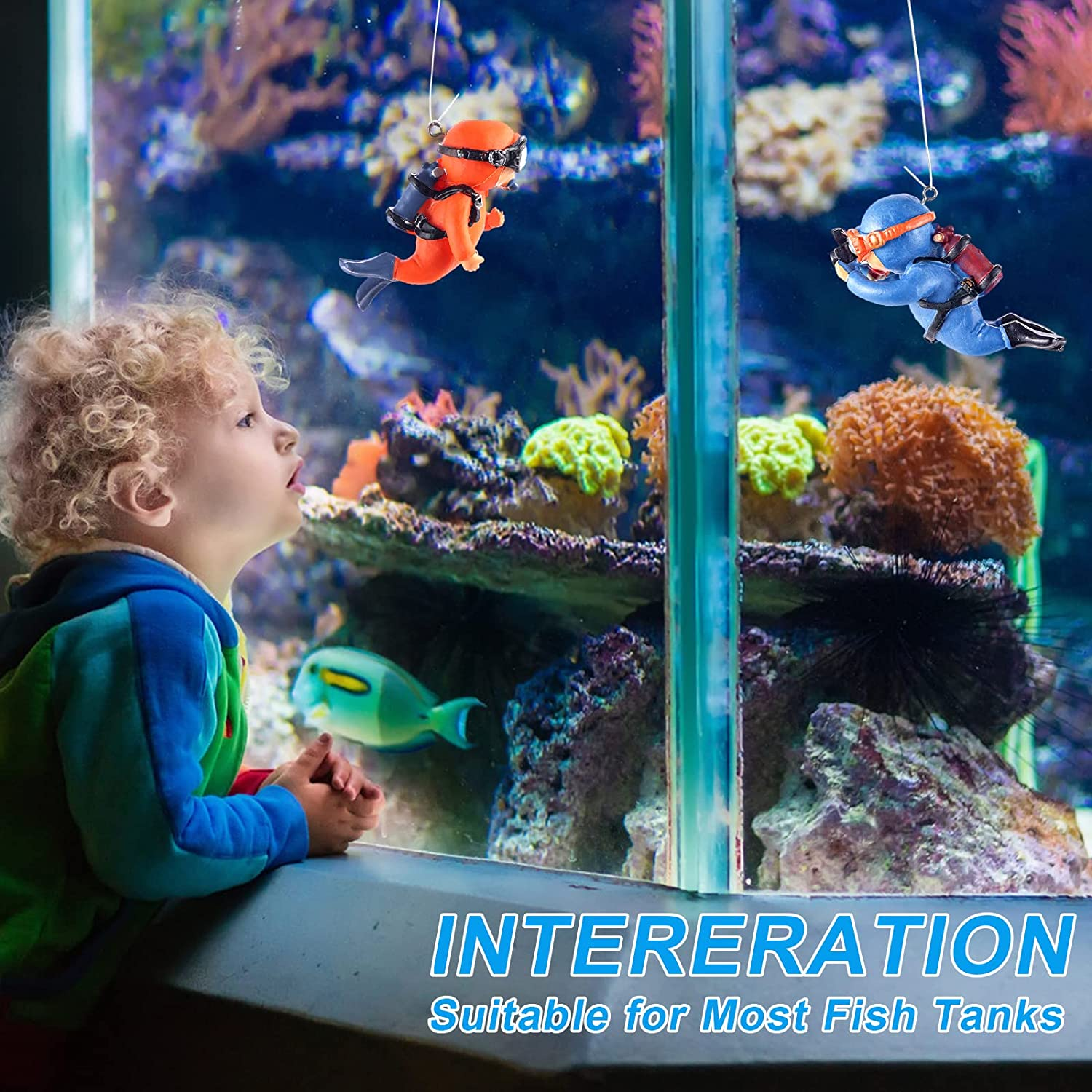 2 Pcs Fish Tank Decorations Diver Decorative Ornament Floating Pendant for Creative Fish Tank Accessories, Aquarium Decorations, Marine Landscaping(Blue+Orange) (MG002) - Blue+Orange image number 6