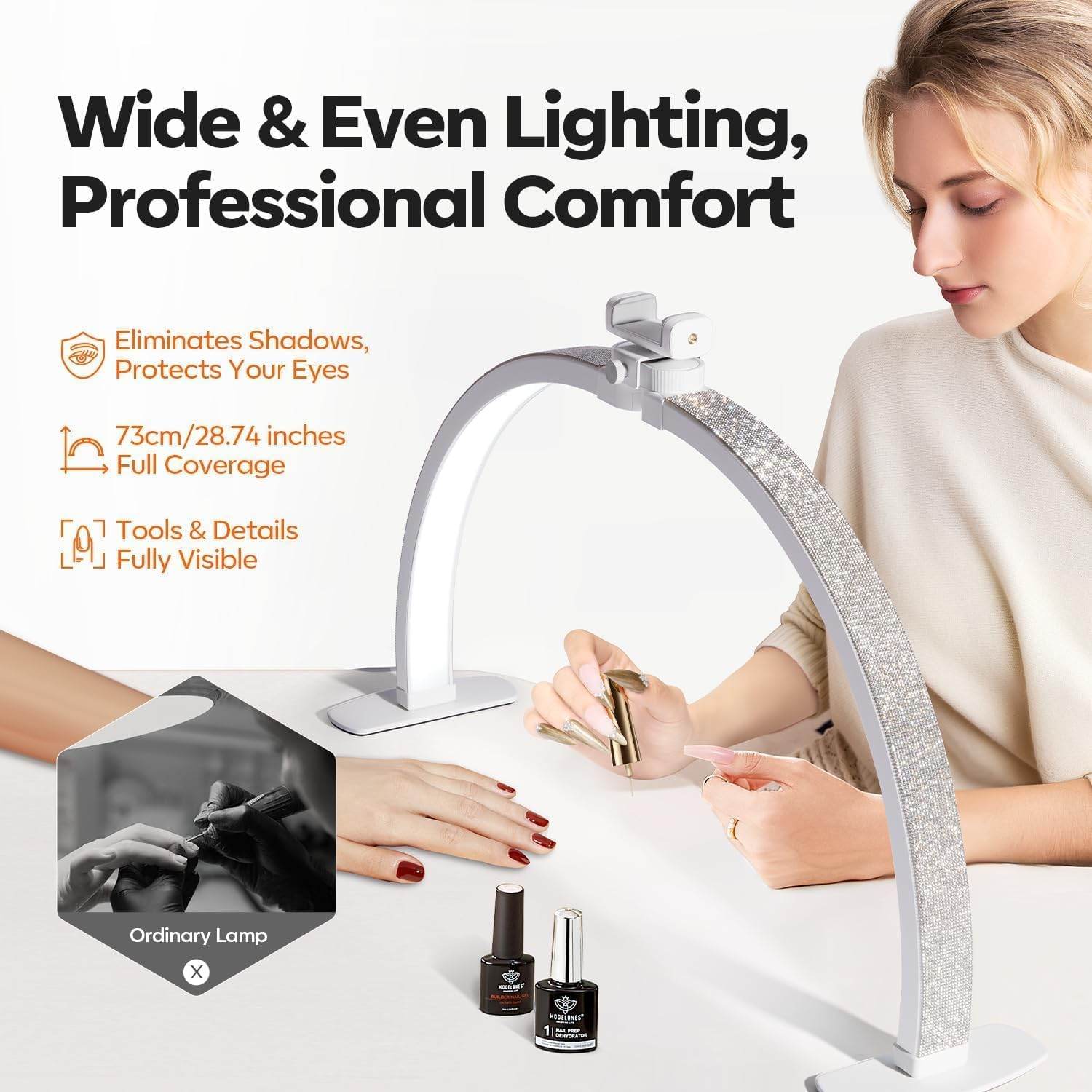 Half Moon Light for Nail Desk, 55CM Nail Table Lamp with Phone Holder, Leds Light for Beauty Manicure Eyelashes Tattoos Beauty Crafts Reading Spa with 3 Color Temperature (Crystal Diamond) - Pink image number 4