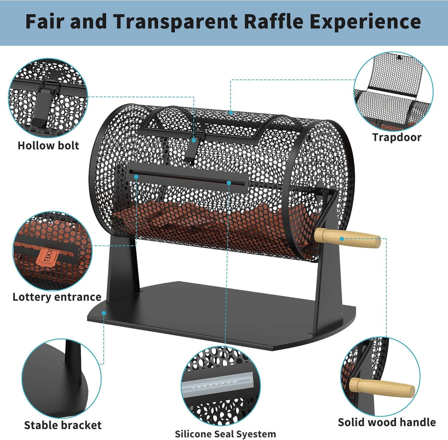 Orionstar Raffle Drum, Games & Sports Professional Raffle Ticket Spinner with Wooden Turning Handle Holds 2500 Tickets (Black) image number 3