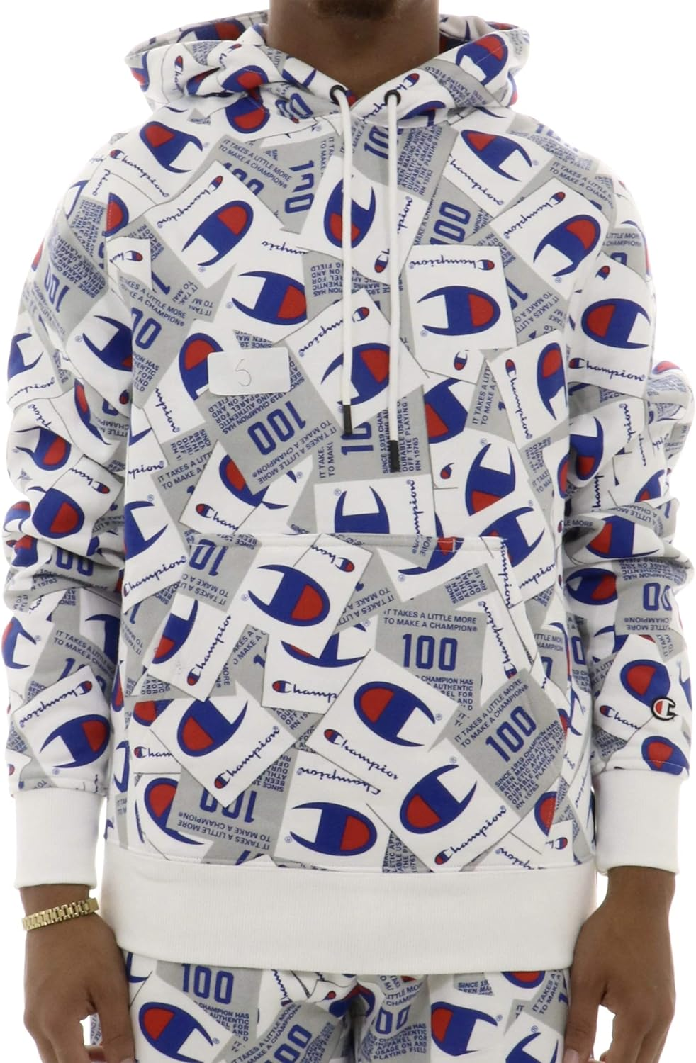 Champion LIFE Men'S Champion Super Fleece 2.0 Pullover Hood-Jocktag AOP, JOCK TAG SCATTER MAX WHITE, MEDIUM