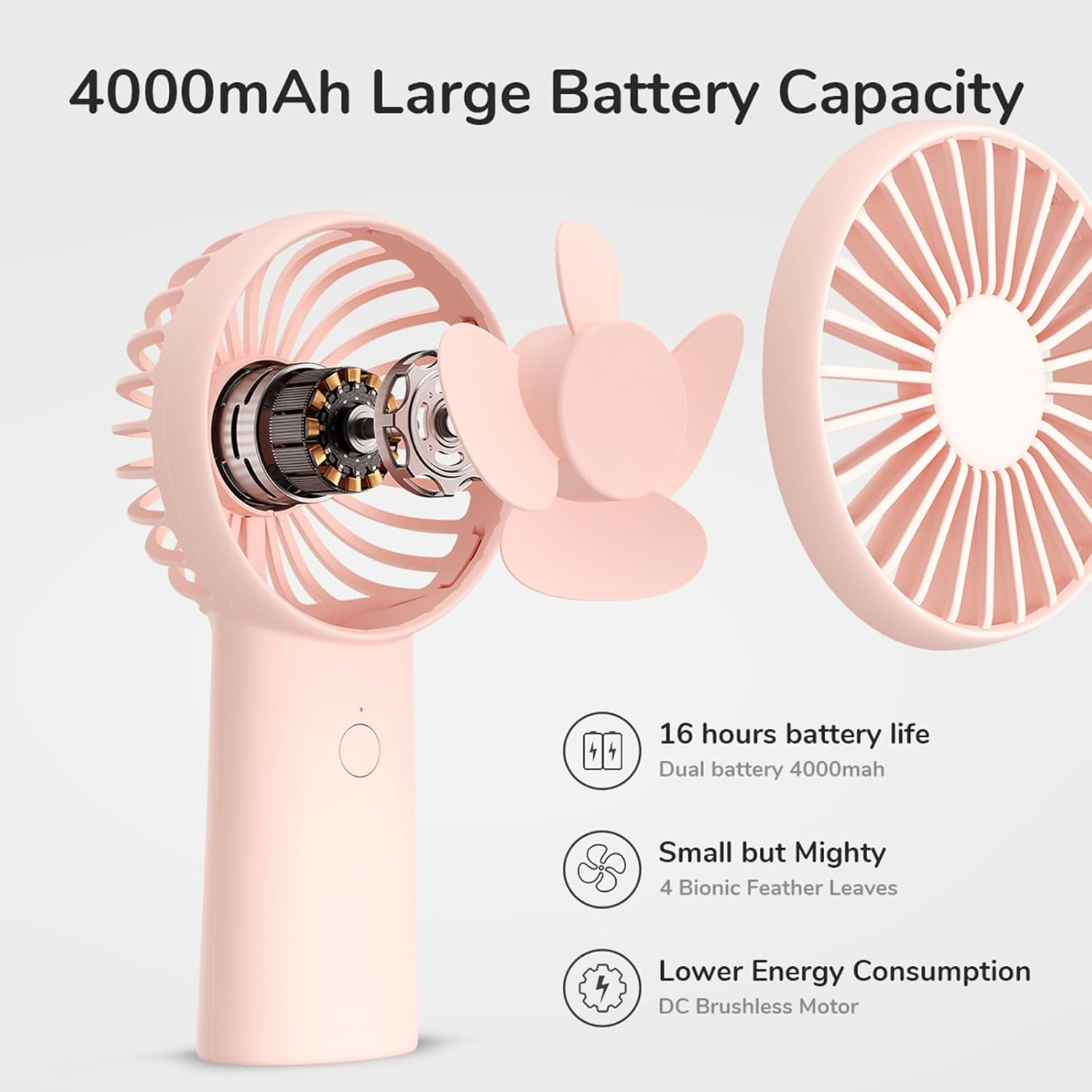 JISULIFE Handheld Fan, 4000Mah Small Portable Fan, Personal USB Rechargeable Pocket Fan [4-16H Working Time] Battery Operated Hand Fan with 3 Speeds for Outdoor/Travel, Summer for Men Women-Pink image number 5