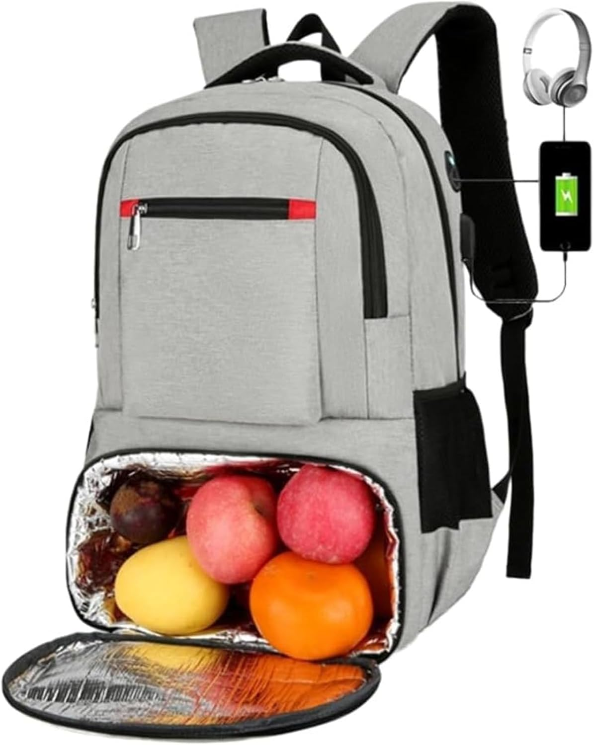 Lunch Backpack, Big Laptop Backpack Waterproof Travel with Lunch Compartment & USB Port & Earphone Port Waterproof Insulated Cooler (Grey) image number 6