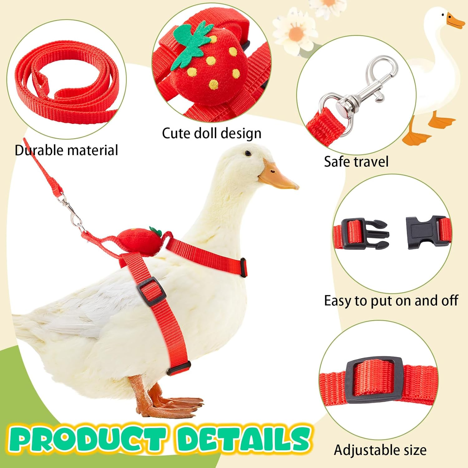 Siltriangle Cole Duck Harness Leash Set Adjustable Walking Cole Duck Harness Rope Pet Vest Cute Strawberry Pattern Outdoor Training Traction Rope for Chicken Rabbit Kitten Pig Puppy Small Animals(Xs) image number 1