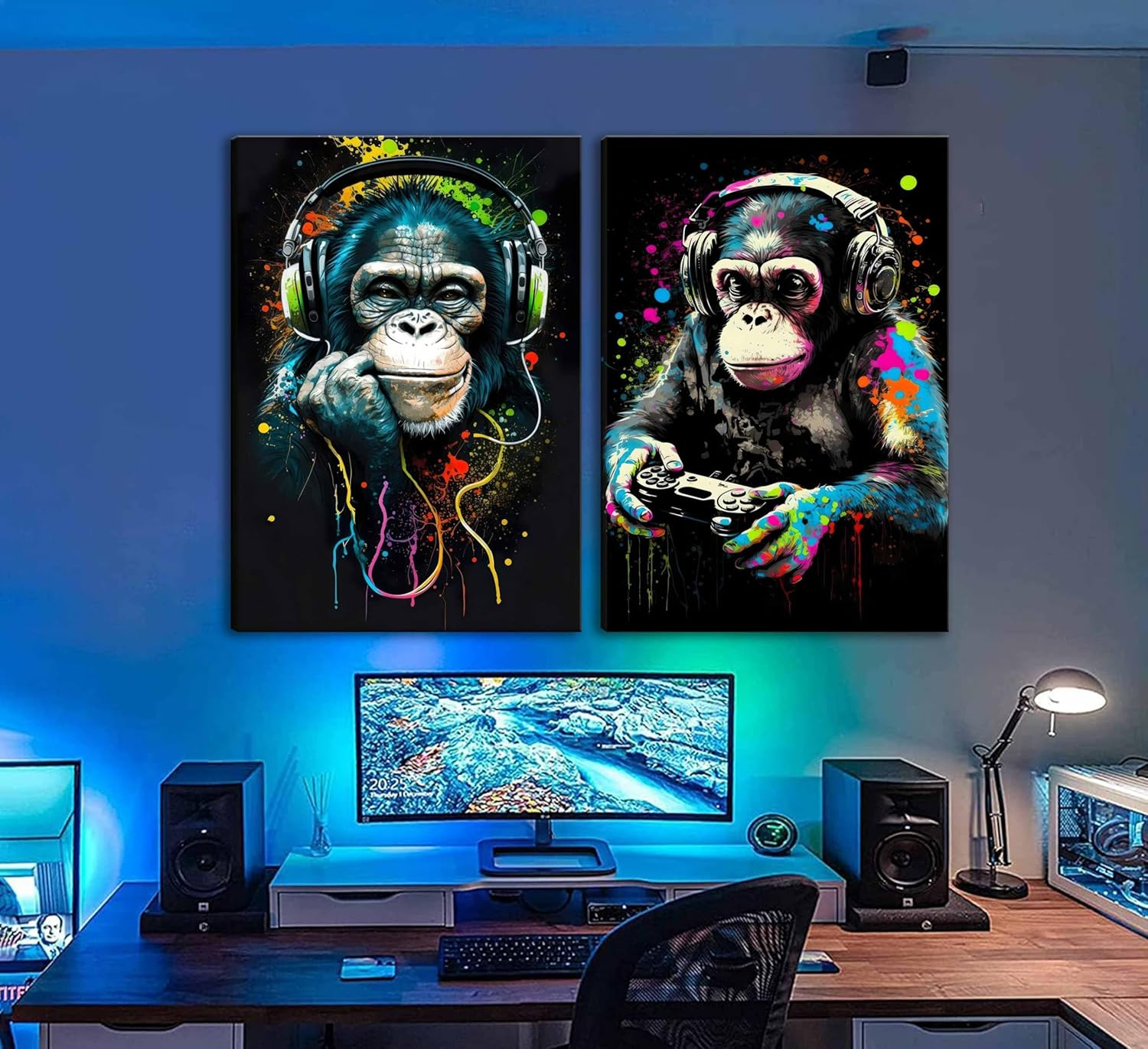 Graffiti Gaming Canvas Wall Art Game Room Decor Boys Gamer Controller Poster Animals Vintage Watercolor Cool Music Chimpanzee Pictures Painting Boys Teeny Room Kids Game for Room Bedroom Decoration image number 1