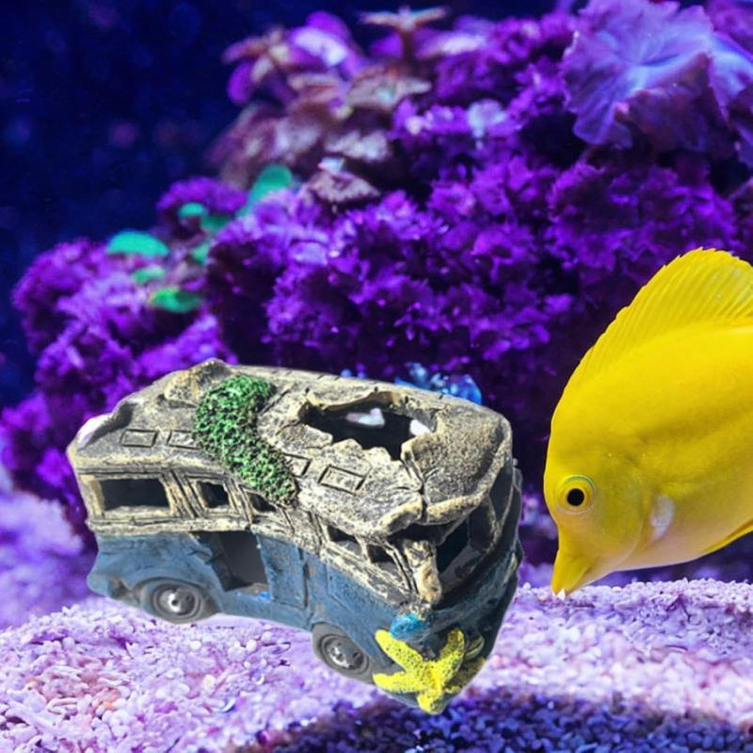 Fzaqwen Fish Tank Ornament Featuring Auto Wreck for Betta and Prawn, School Bus - Car image number 7
