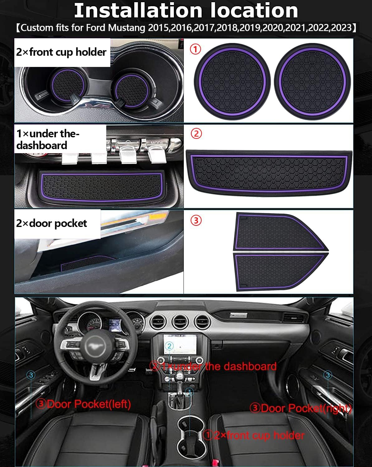 Auprite Non-Slip Mats for Mustang Accessories 2015-2023, Custom Fits Cup Holder Liners Mats Door Pocket Center Console Liners,5Pcs (Purple) - Blue image number 7