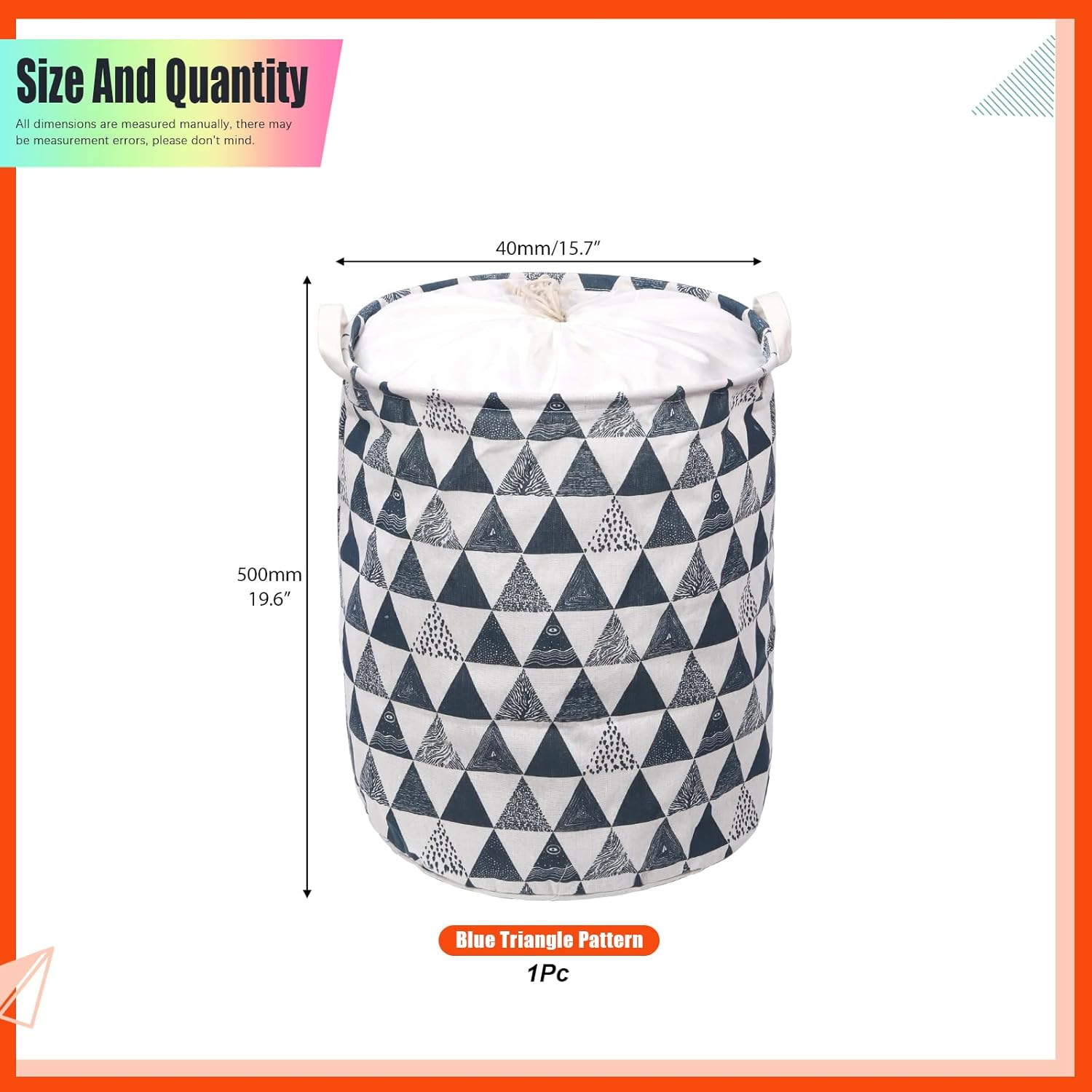 Tanstic 1Pc Freestanding Laundry Basket with Blue Triangle Pattern, Foldable Large Drawstring Clothes Hamper Collapsible Fabric Bag with Leather Handle for Clothes Washing (15.7X19.6 Inch) image number 1