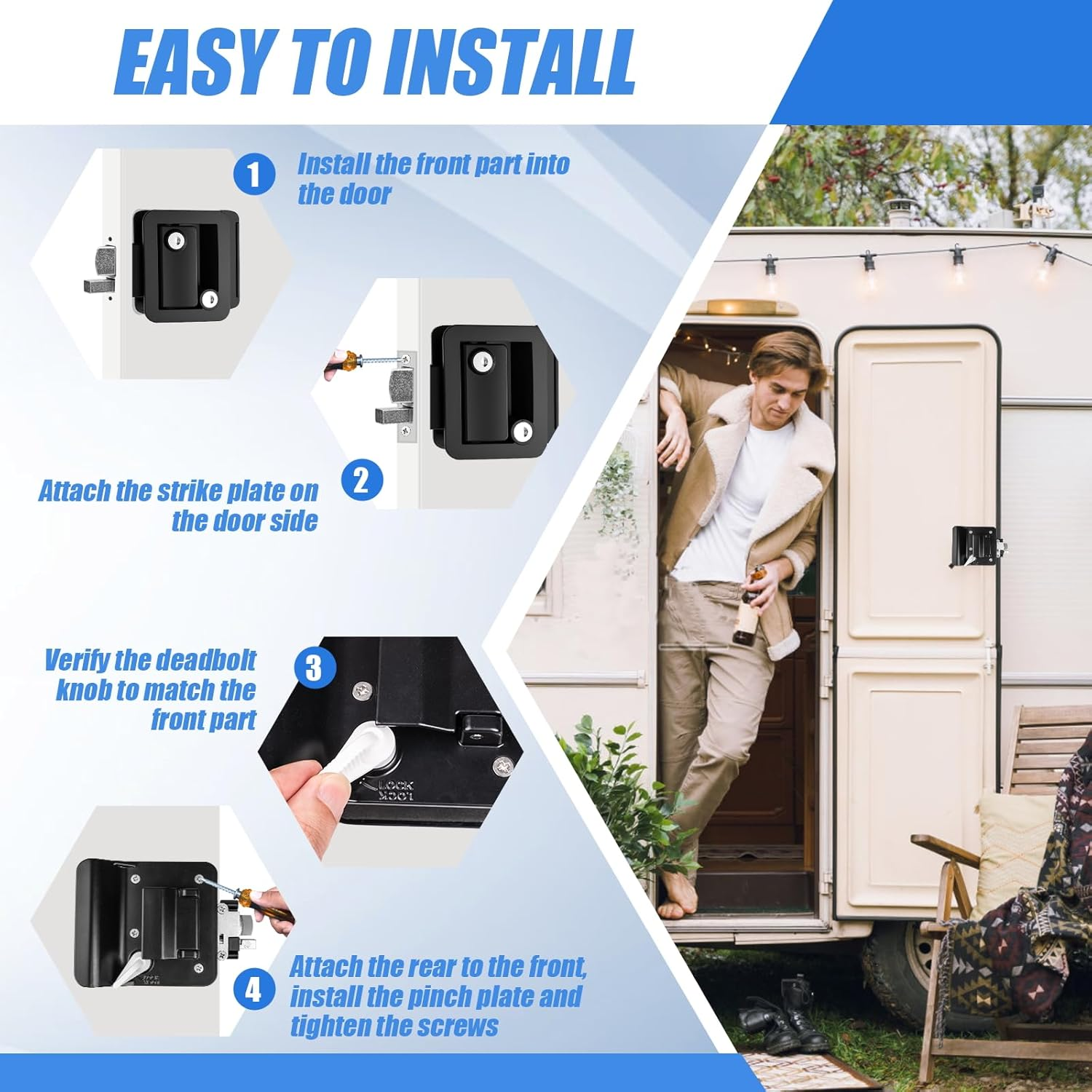 RV Entry Door Lock Replacement, Upgrade RV Door Latch Handle with Paddle Deadbolt for Outside, Camper Trailer Door Lock for Cargo Horse, Premium Zinc Alloy RV Door Locks for Travel Trailers image number 5