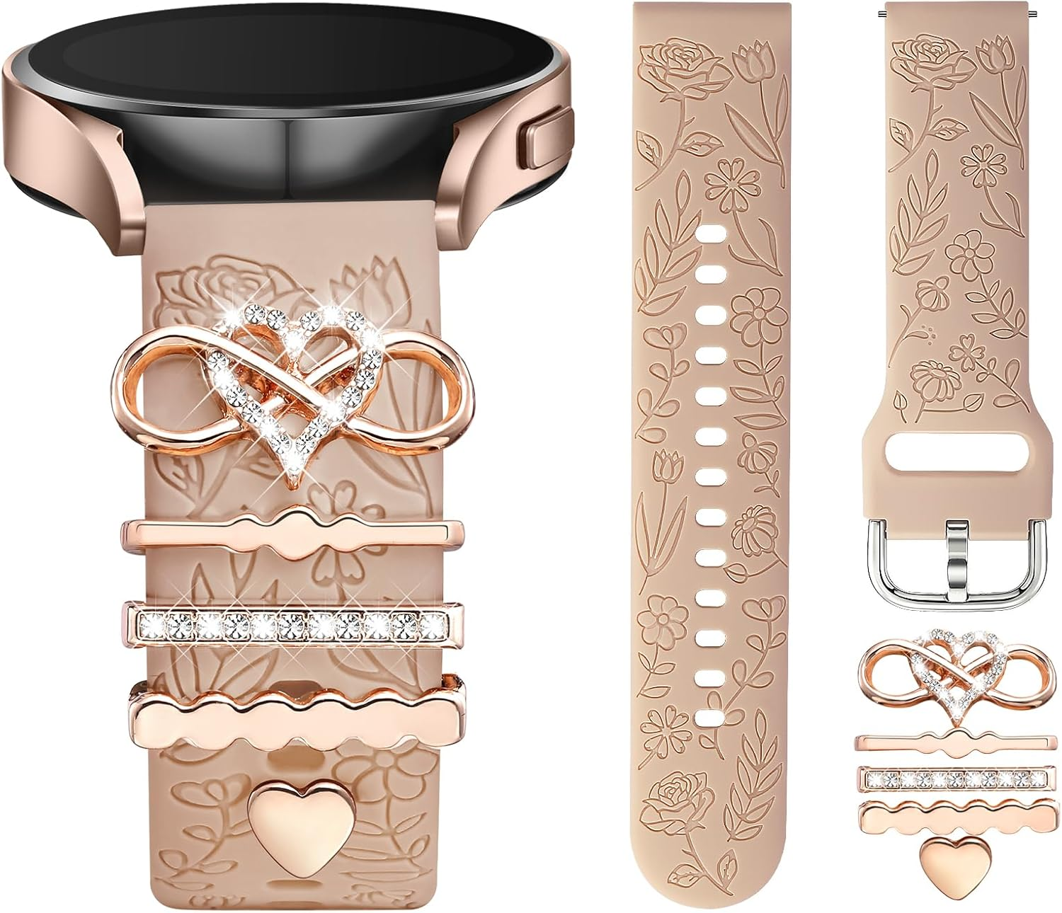 Getino Flower Engraved Band Compatible with Samsung Galaxy Watch 7 Band/Fe 6 5 4 40Mm 44Mm,Galaxy Active 2, 20Mm Watch Band Soft Silicone Replacement Strap with Decorative Charms Accessories Women