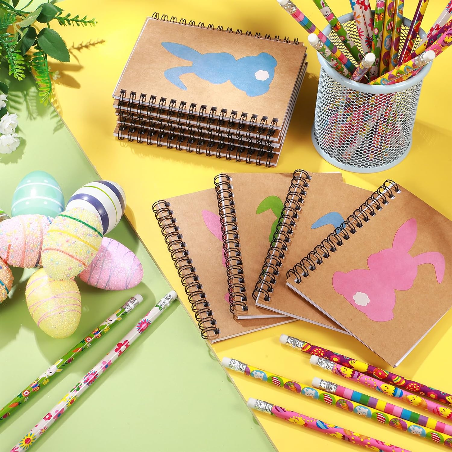 Mooliwe 48 Pcs Easter Pencils and Notepads Set 24 Pcs A6 Easter Bunnies Spiral Journal Notebook 24 Pcs Assorted Colorful Pencils with Eraser for Kids School Classroom Gift Exchange Supplies (Cute) image number 1