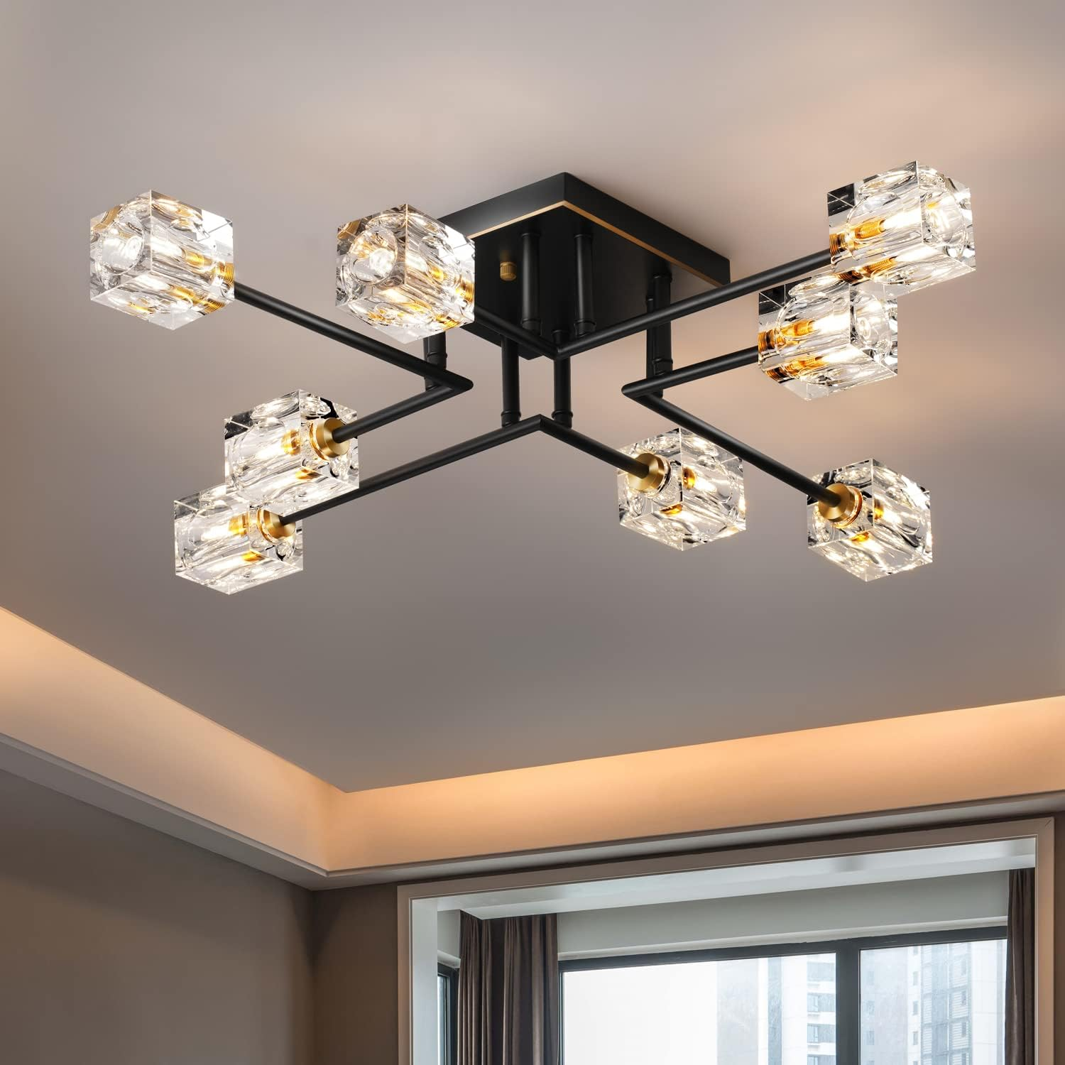 Modern Crystal Pendant Light, Black and Gold Linear Chandelier,8-Light Kitchen Light over Island,Dining Room Handing Ceiling Light Fixture for Living Room