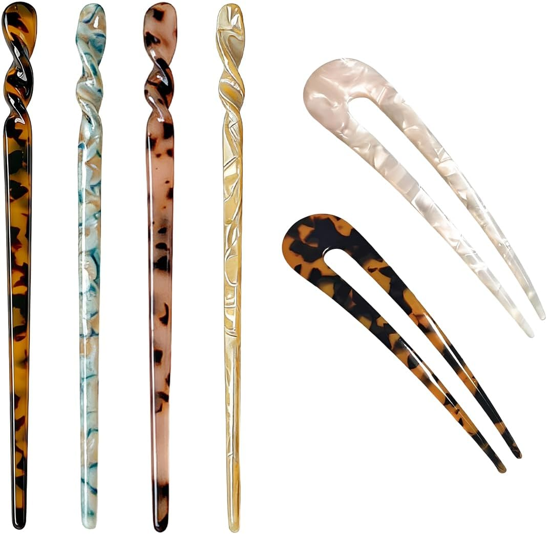 VEOIRXU Pack of 6 U-Shaped Hair Pins, Hair Sticks, Tortoiseshell Hair Sticks, Tortoiseshell Hairpin, Chopsticks, Retro Disc, Vintage Style, Long, Chinese, for Women, Girls