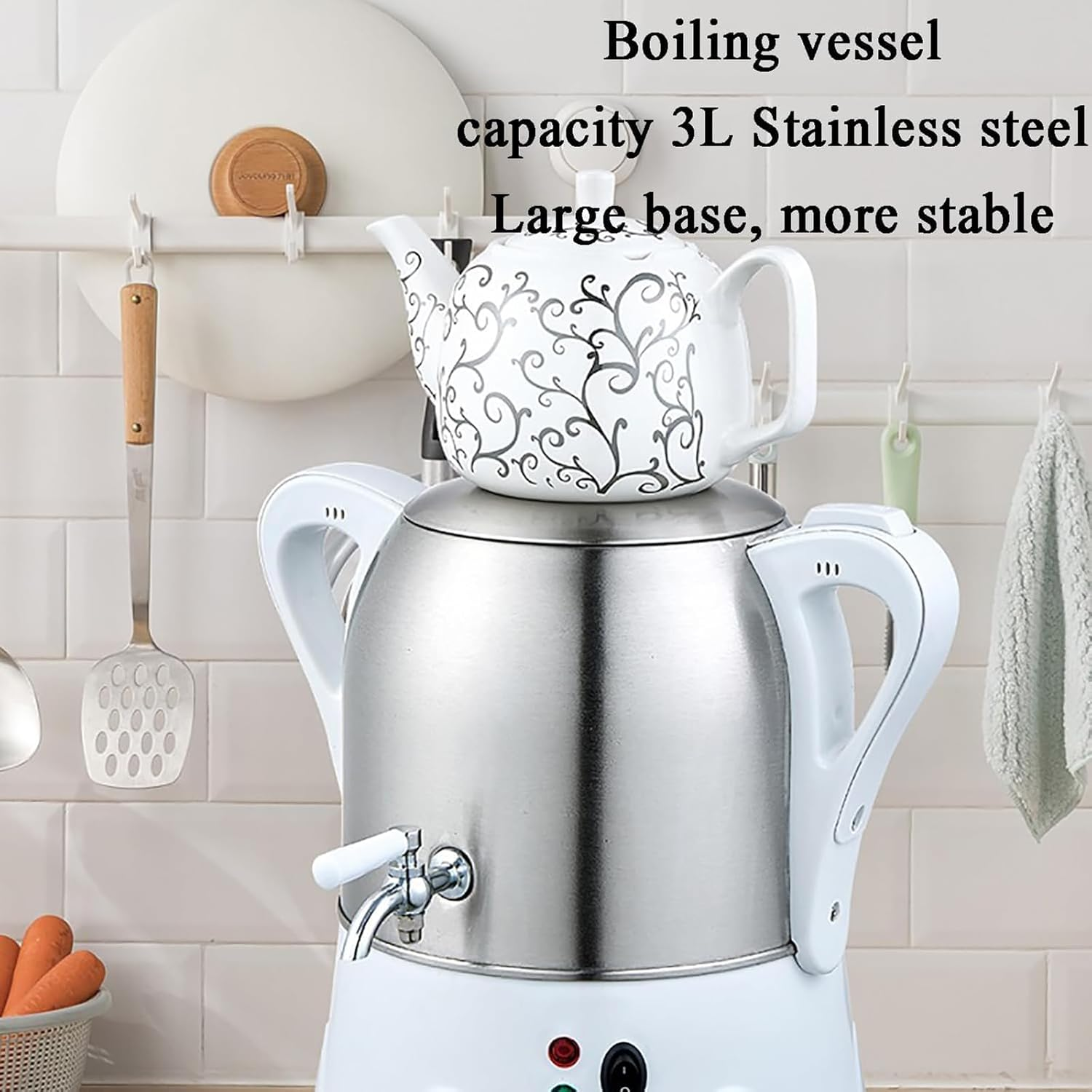 2000W Electric Turkish Tea Maker, 3L Stainless Steel Teapot, 1L Ceramic Teapot, Electric Kettle Samovar, with Keep Warm Function, Porcelain for Coffee, Scented Tea(White) - Black image number 2