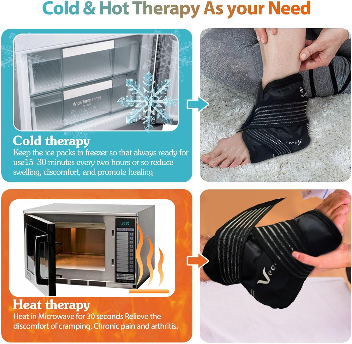 Vecozey Reusable Gel Ice Packs for Ankles and Heels Injuries, 2Pcs Ankle Ice Pack Wrap for Swelling, Plantar Fasciitis, Foot Pain Relief, Hot Cold Compression for Achilles Tendonitis, Sprain Ankles image number 3