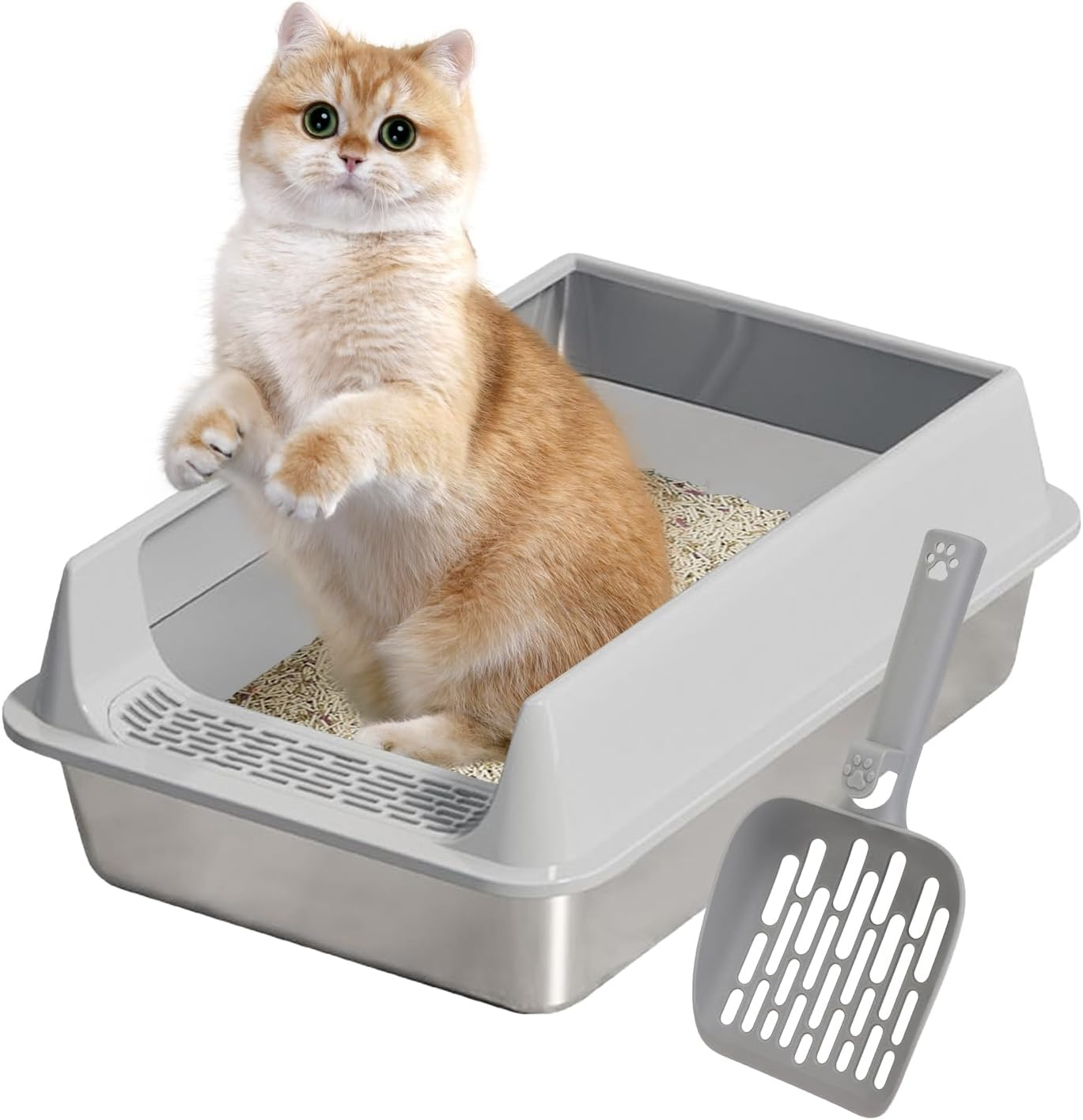 Cat Litter Tray Stainless Steel Cat Litter Tray Splash-Proof with Shovel Non-Stick Cat Accessories for Large Medium Small Cats Home Garden Balcony Patio - Khaki image number 3
